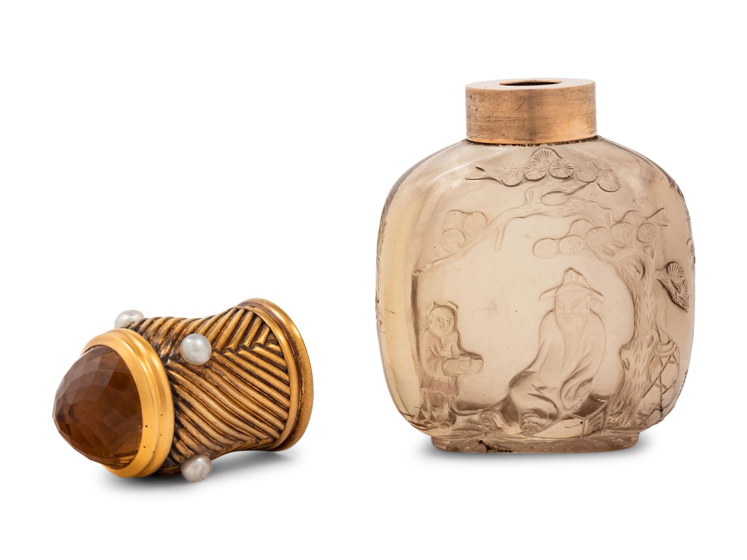 A Fabergé Yellow Gold and Pearl-Inset Mounted Carved Smokey Quartz Snuff Bottle