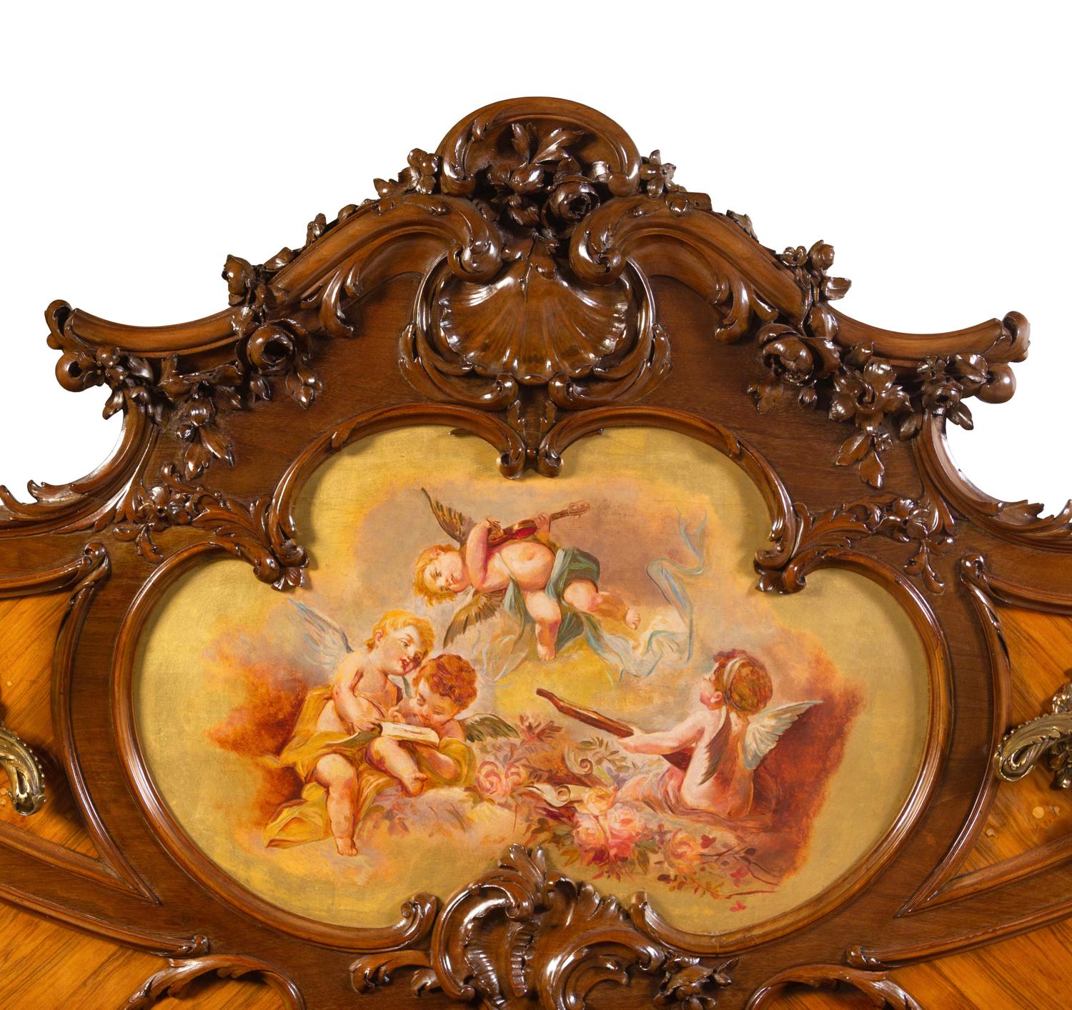 A Louis XV Style Gilt Bronze Mounted Carved Walnut, Kingwood and Vernis Martin Upright Piano