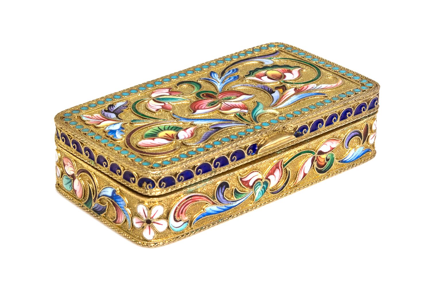 A Russian Enameled Gilt-Silver Box, Moscow 1908-1926, of rectangular form with floral decoration.
