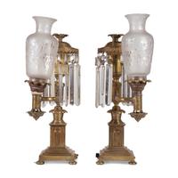 A Pair of Classical Frosted and Etched Glass Mounted Brass Oil Lamps