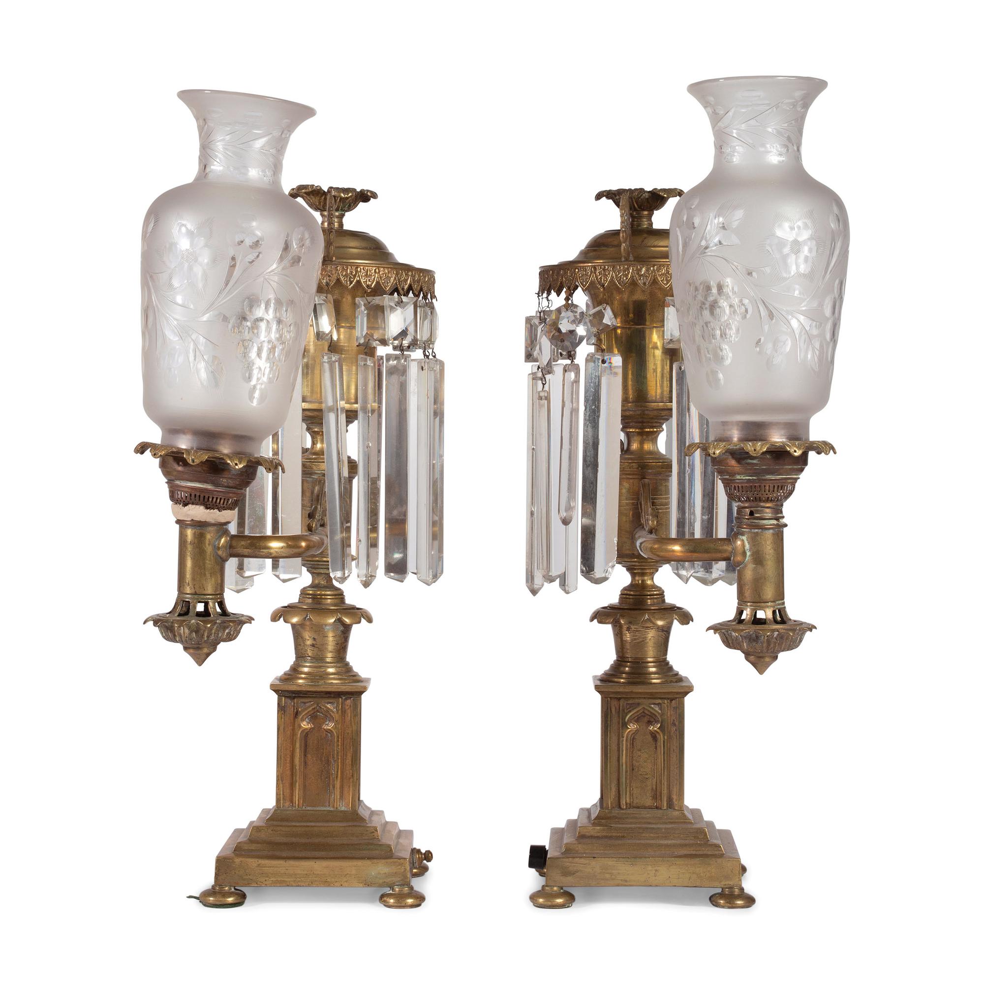 A Pair of Classical Frosted and Etched Glass Mounted Brass Oil Lamps