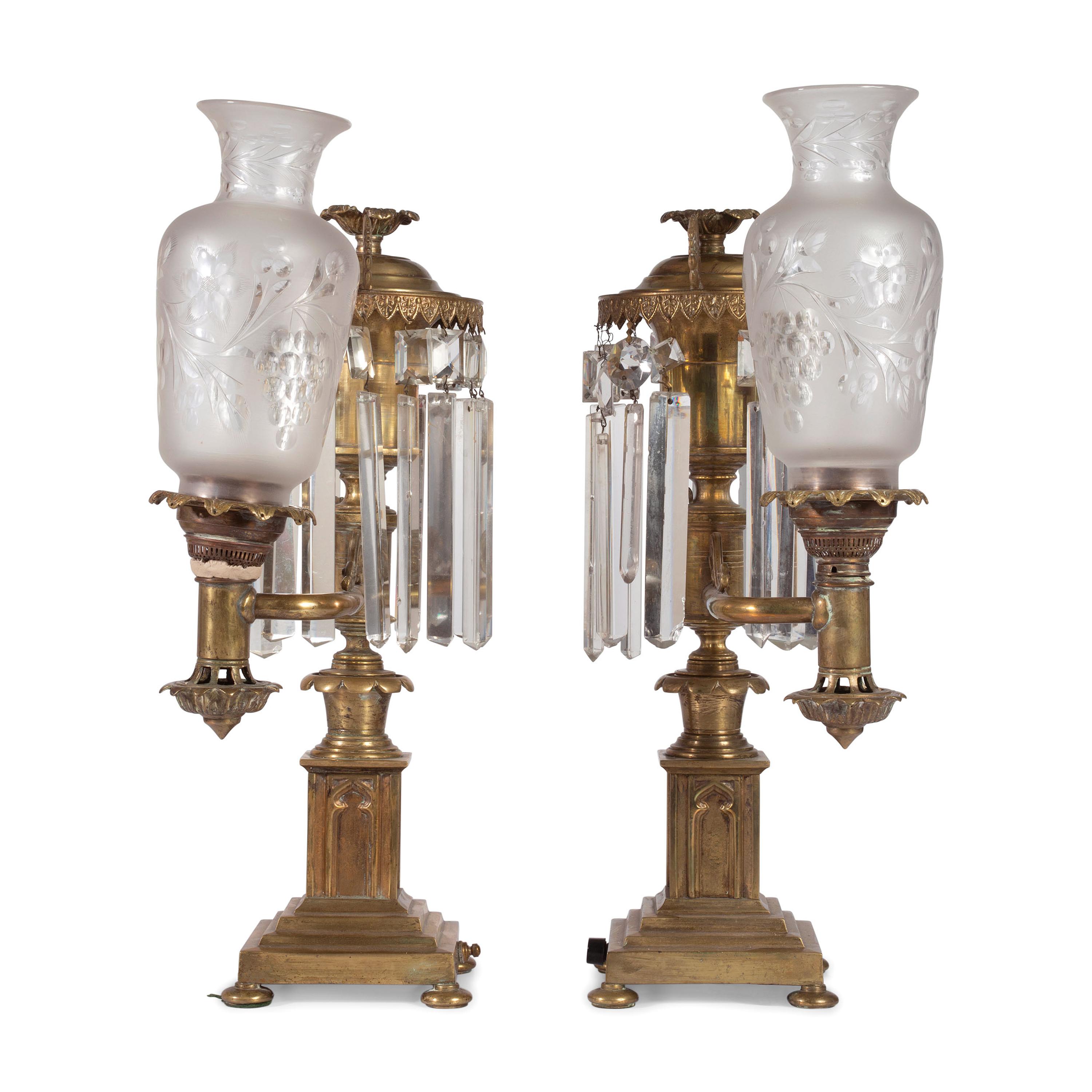 A Pair of Classical Frosted and Etched Glass Mounted Brass Oil Lamps