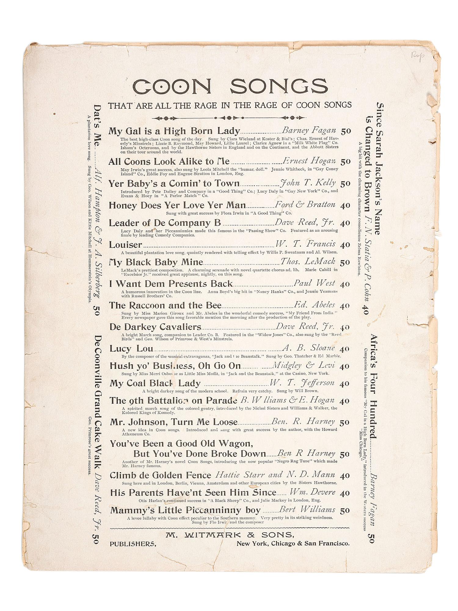 [MUSIC] -- [DUNBAR, Paul Lawrence and Will Marion COOK]. Who Dat Say Chicken in Dis Crowd. New York and Chicago: M. Witmark & Sons, [ca 1898].