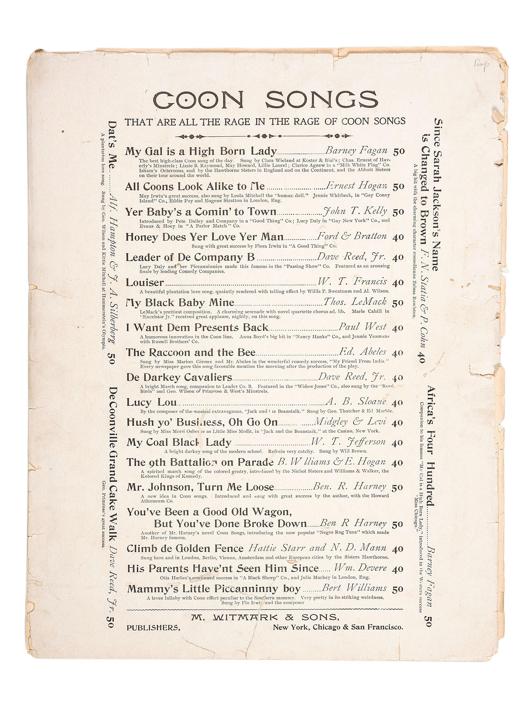[MUSIC] -- [DUNBAR, Paul Lawrence and Will Marion COOK]. Who Dat Say Chicken in Dis Crowd. New York and Chicago: M. Witmark & Sons, [ca 1898].