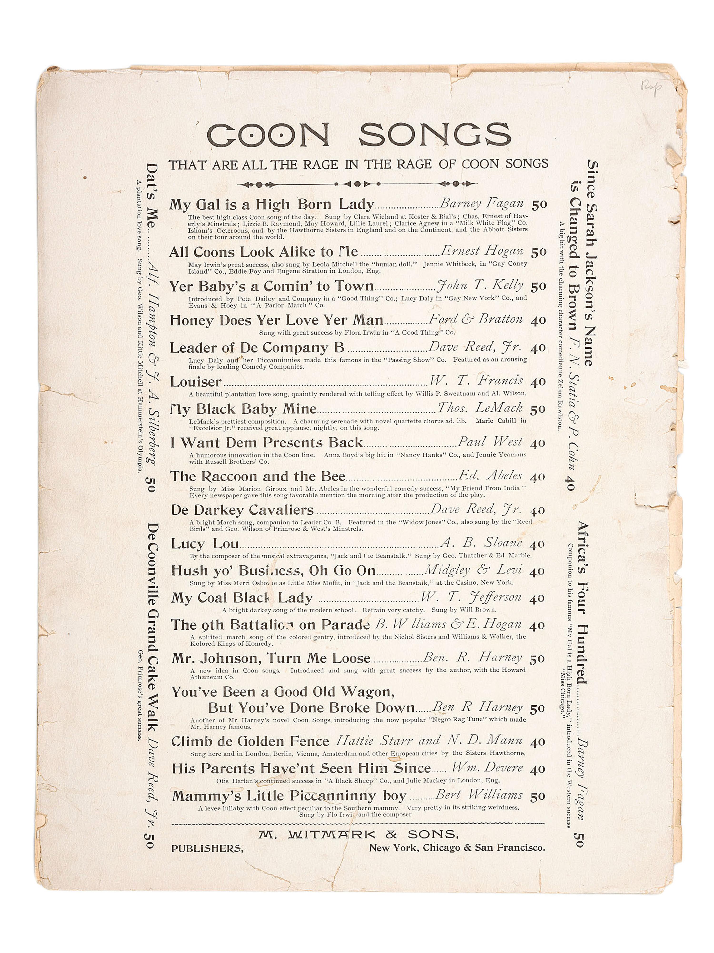[MUSIC] -- [DUNBAR, Paul Lawrence and Will Marion COOK]. Who Dat Say Chicken in Dis Crowd. New York and Chicago: M. Witmark & Sons, [ca 1898].