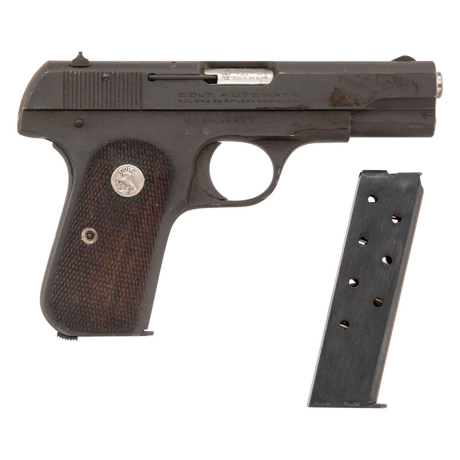 **British Proofed Lend Lease U.S. Military Colt Model 1903 Pocket Hammerless Pistol in Original Kraft Box with Two Magazines and Cleaning Rod