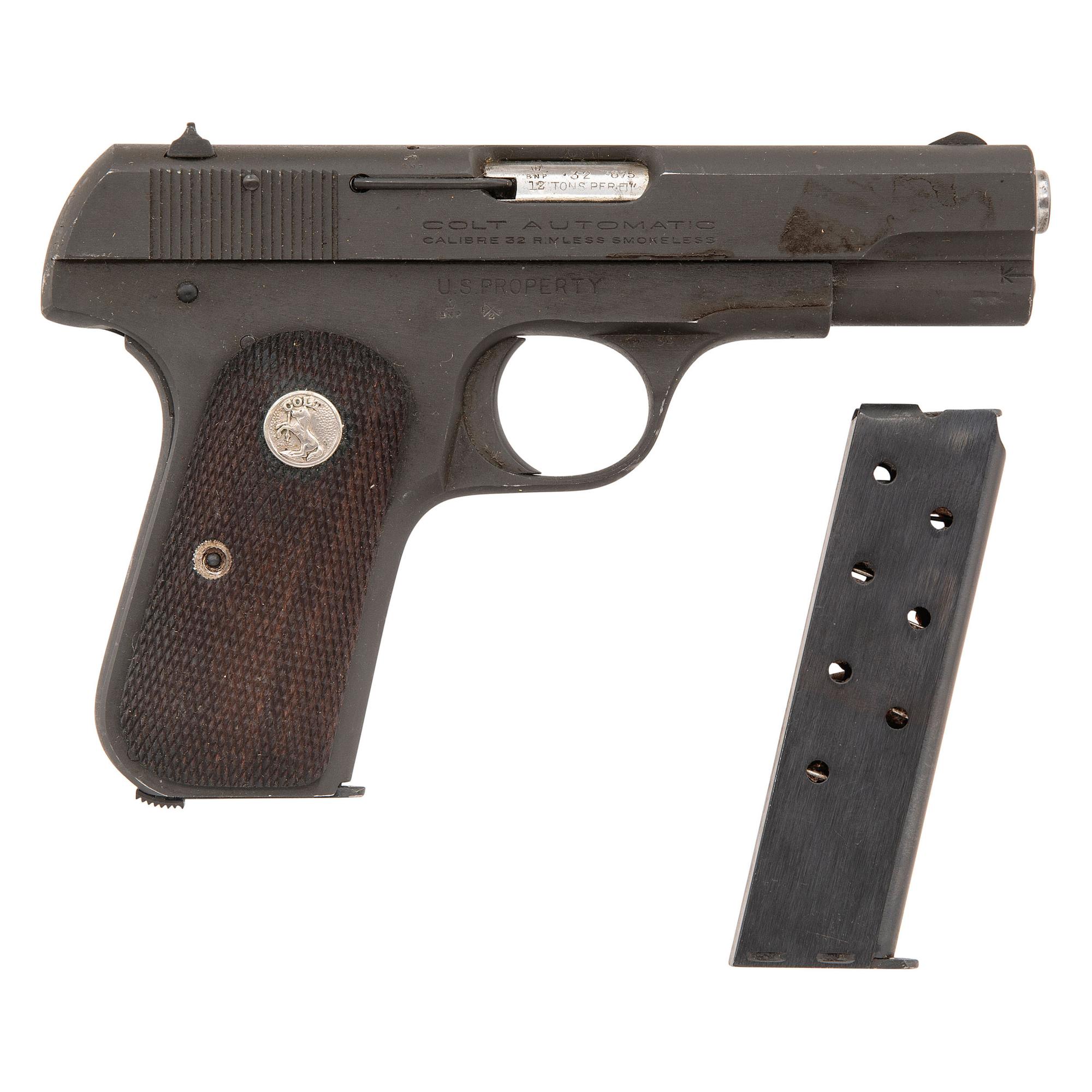 **British Proofed Lend Lease U.S. Military Colt Model 1903 Pocket Hammerless Pistol in Original Kraft Box with Two Magazines and Cleaning Rod