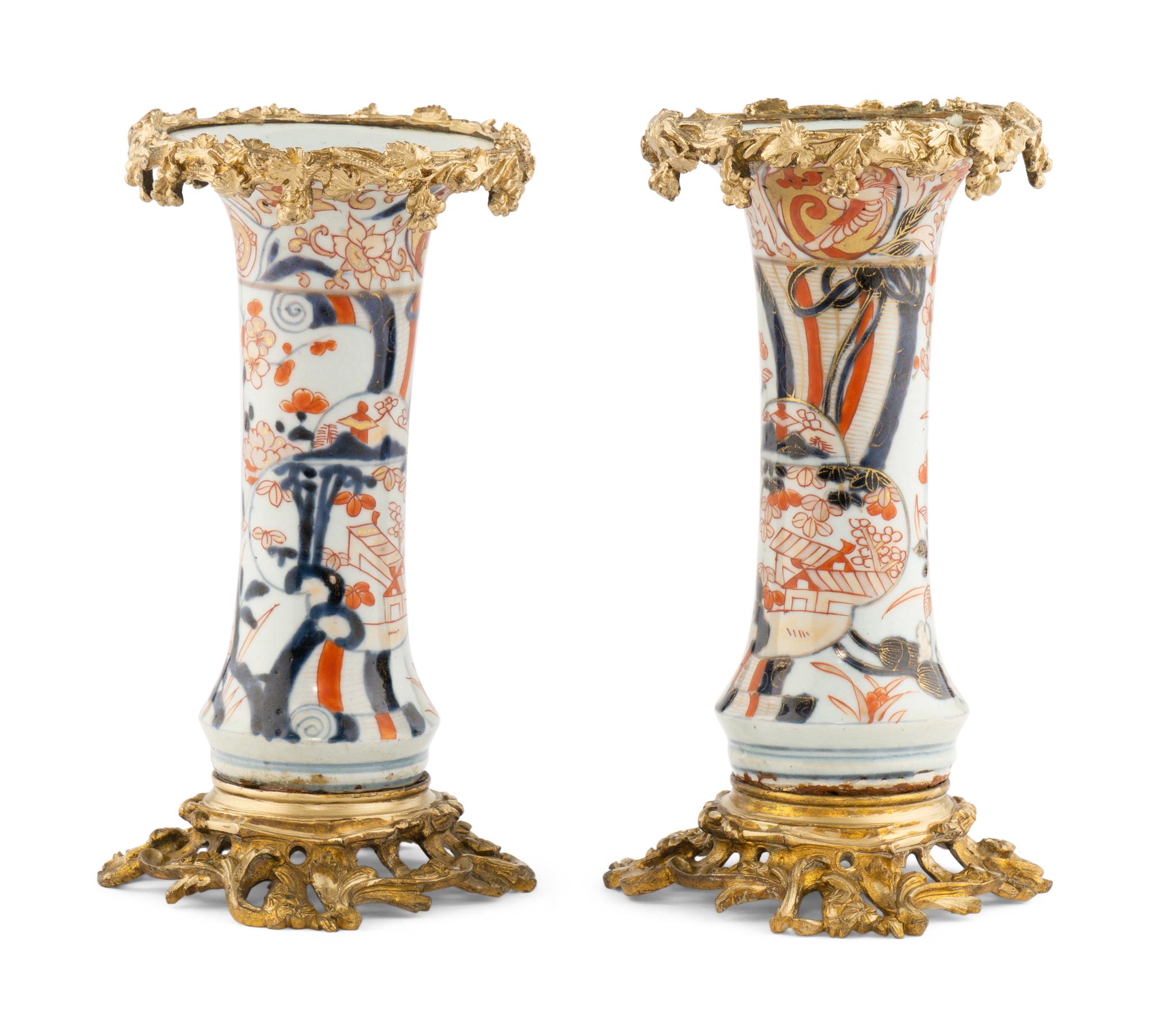 A Pair of Gilt Bronze Mounted Imari Palette Porcelain Vases