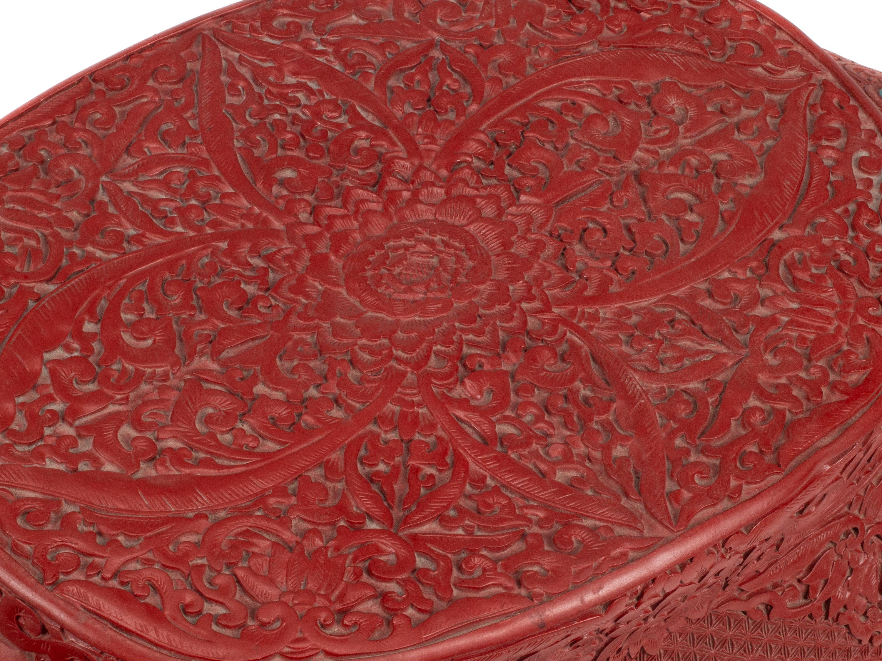 A Pair of Chinese Carved Red Lacquer and Turquoise Cabochon Elephant-Form Stools