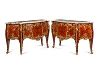 A Pair of Louis XV Style Gilt Bronze Mounted Marquetry Marble-Top Commodes