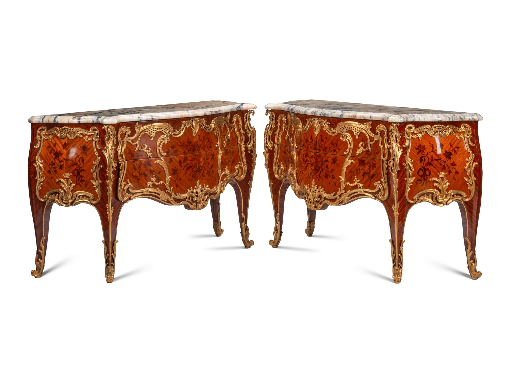 A Pair of Louis XV Style Gilt Bronze Mounted Marquetry Marble-Top Commodes