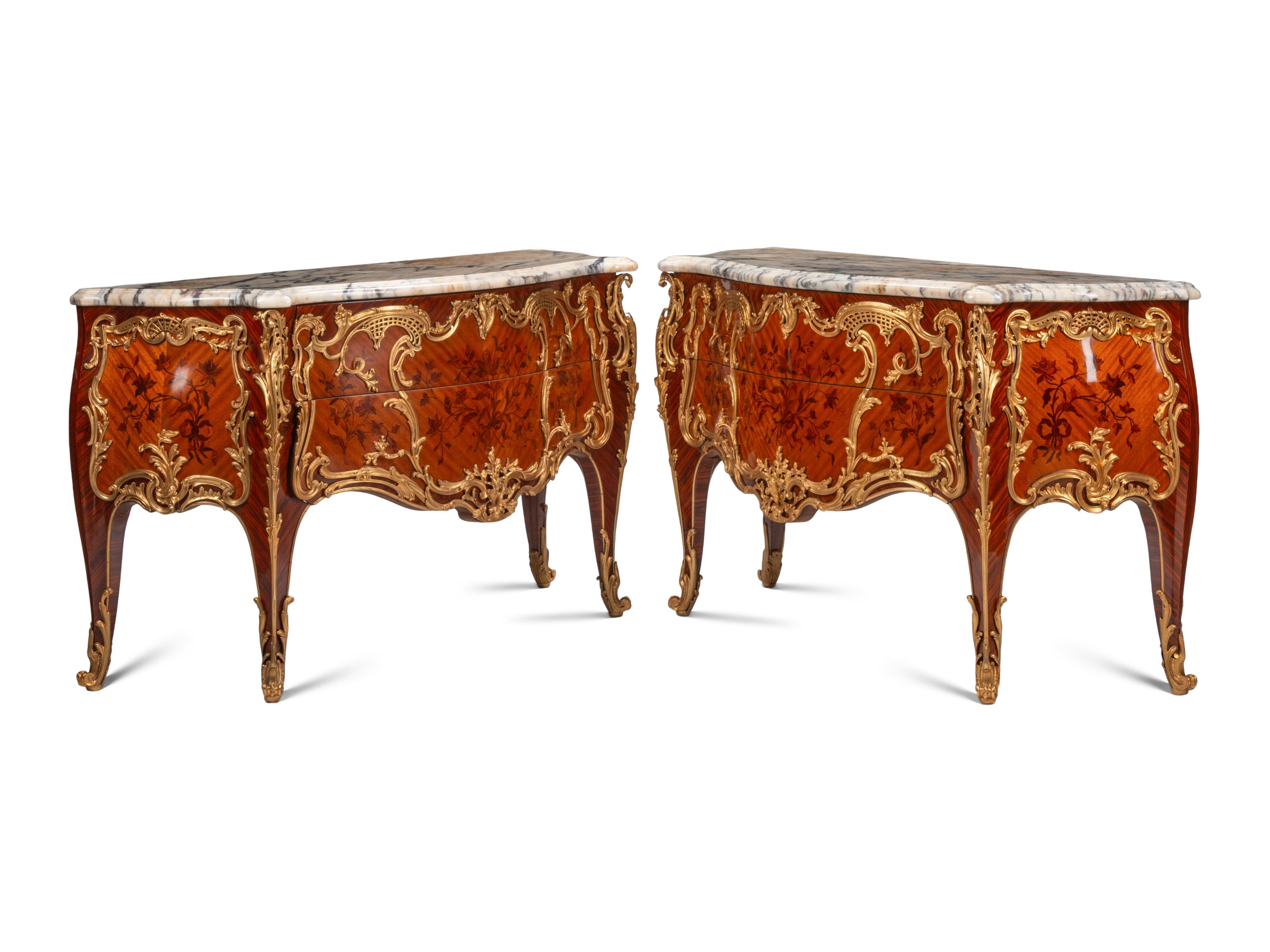 A Pair of Louis XV Style Gilt Bronze Mounted Marquetry Marble-Top Commodes