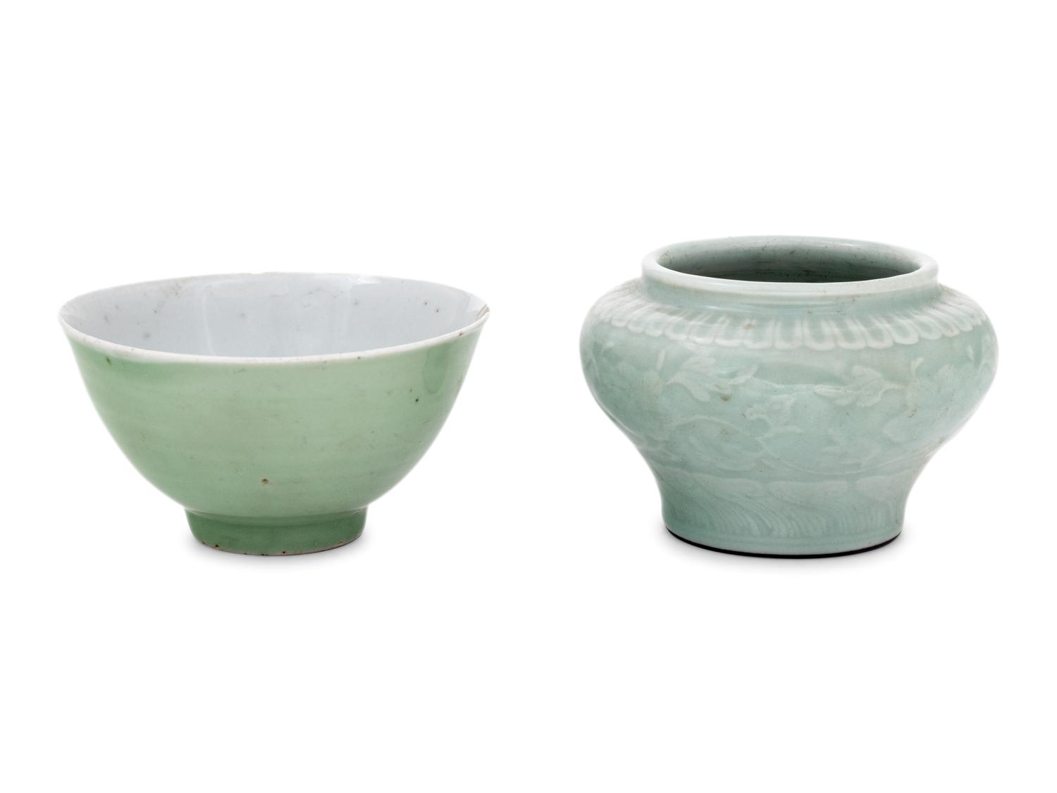 Two Chinese Celadon Glazed Porcelain Vessels