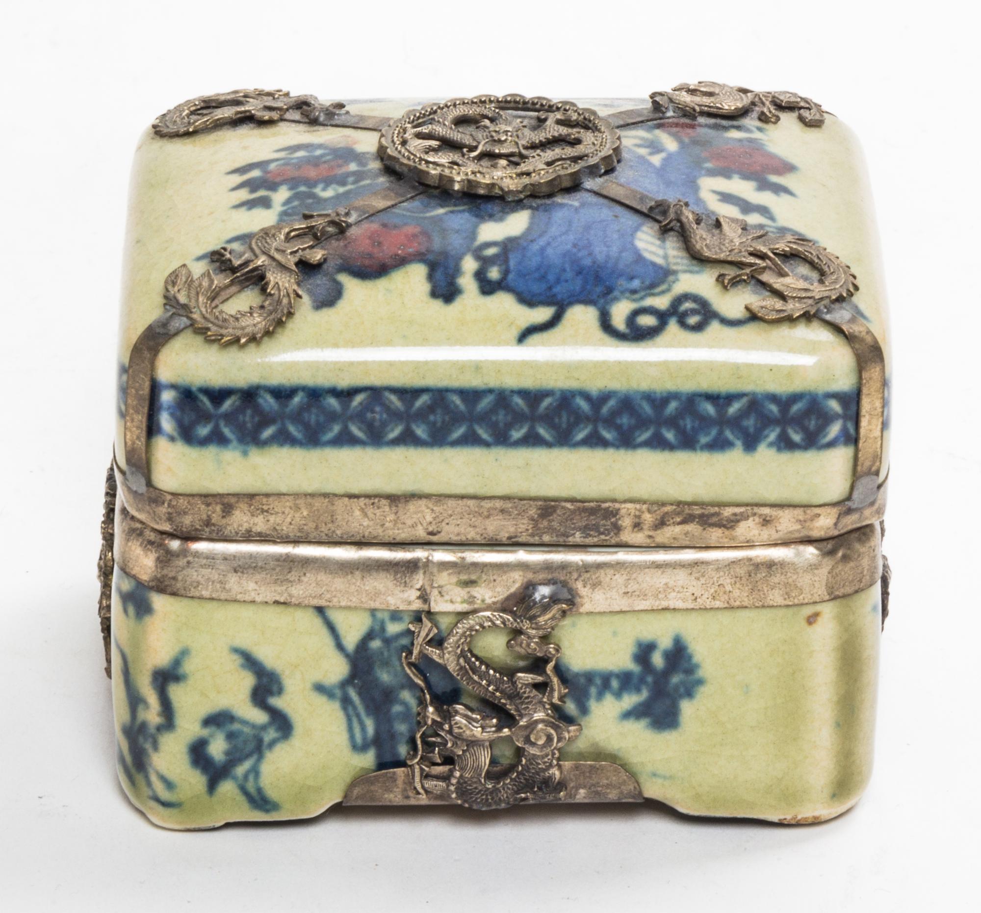 A Small Underglazed Blue Porcelain Rectangular Box and Cover Length 3 1/2 inches.