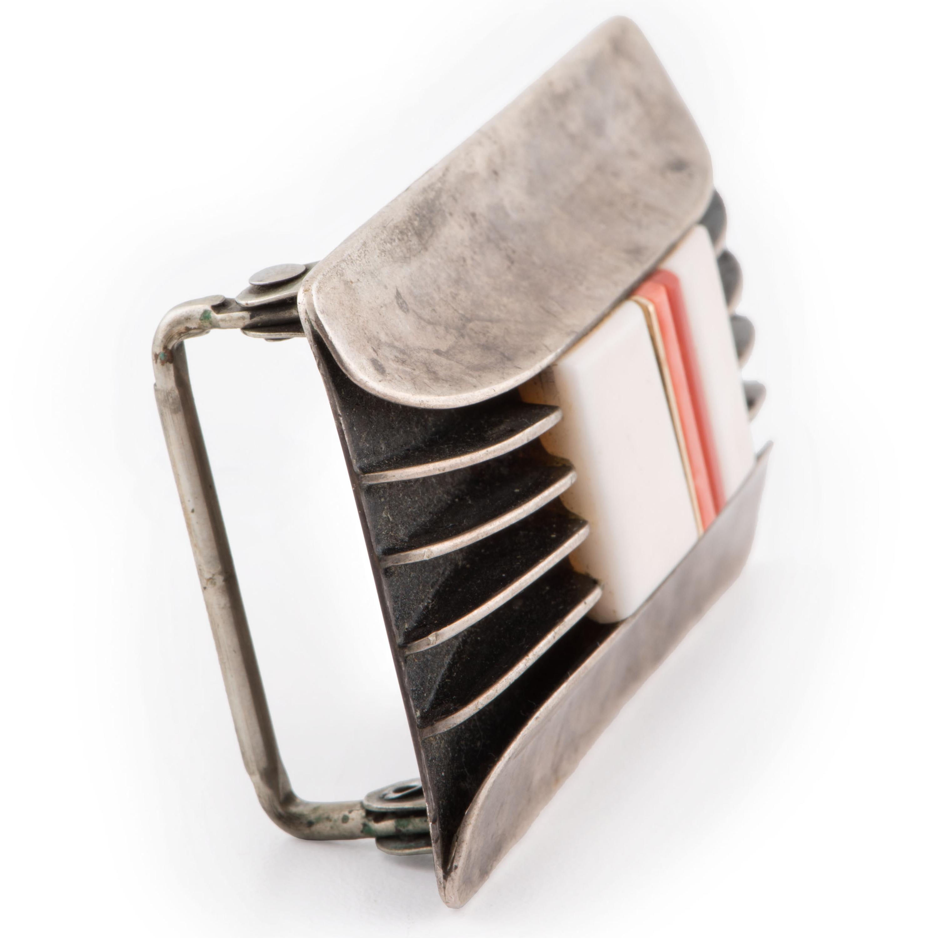 Silver, Coral, and Shell Belt Buckle, Accented with Gold