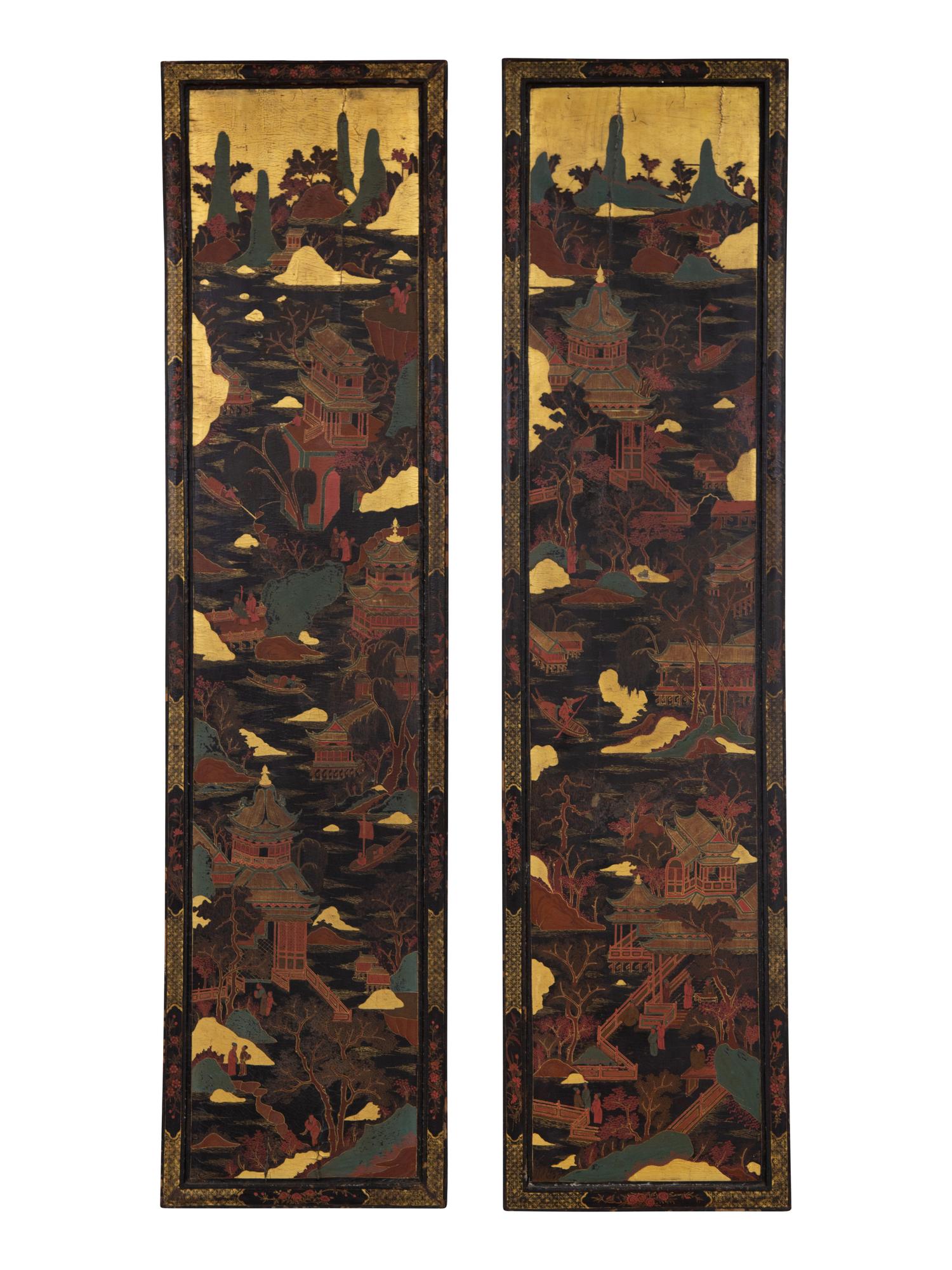 A Pair of Chinese Polychrome-Decorated Lacquered Wall Panels