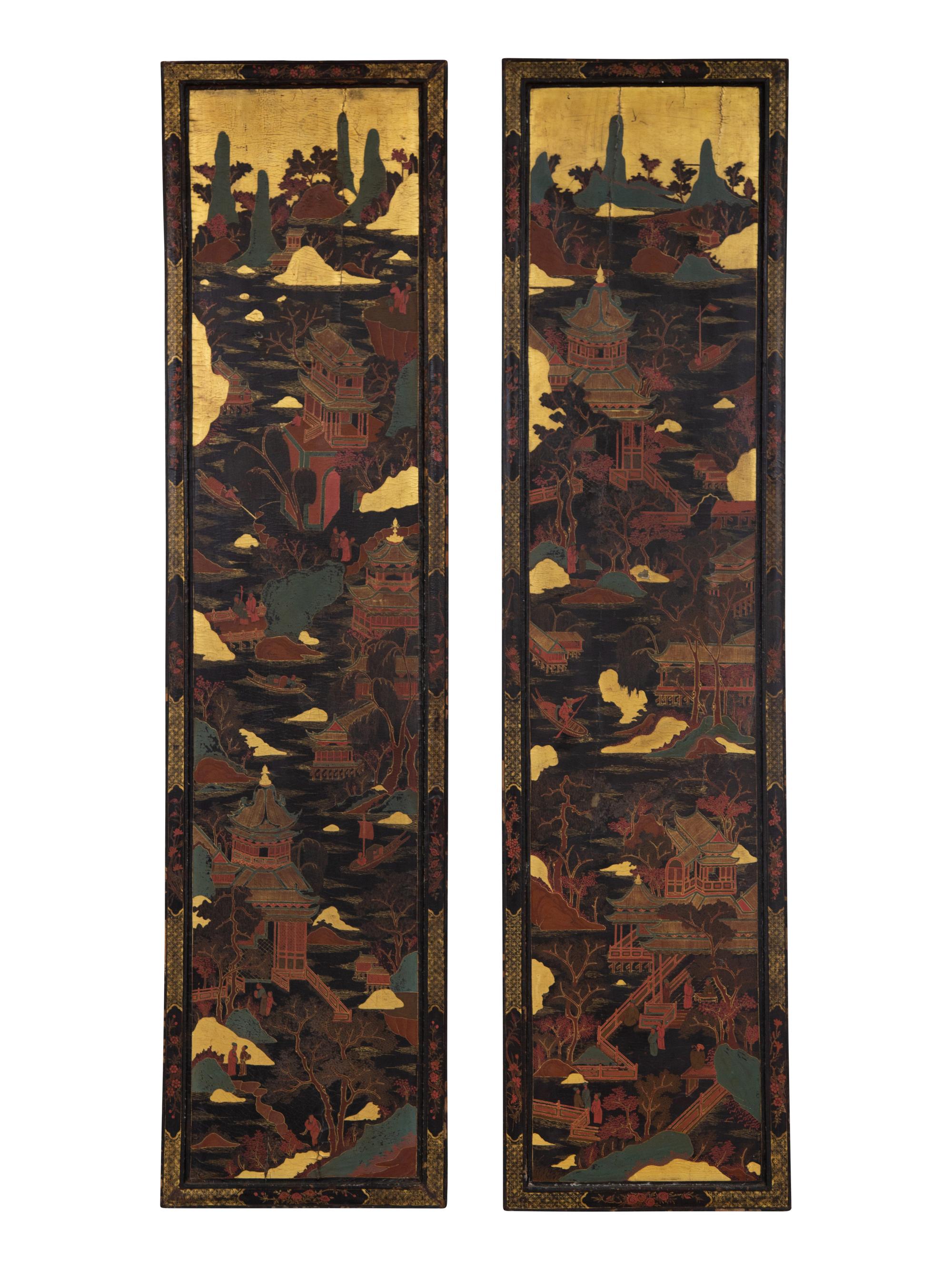 A Pair of Chinese Polychrome-Decorated Lacquered Wall Panels