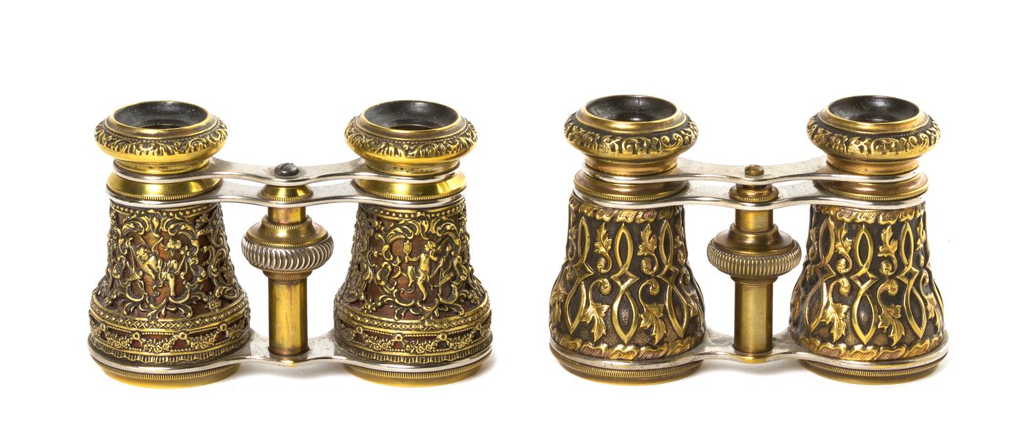 Two Pairs of Continental Opera Glasses, Width of first 4 1/8 inches.