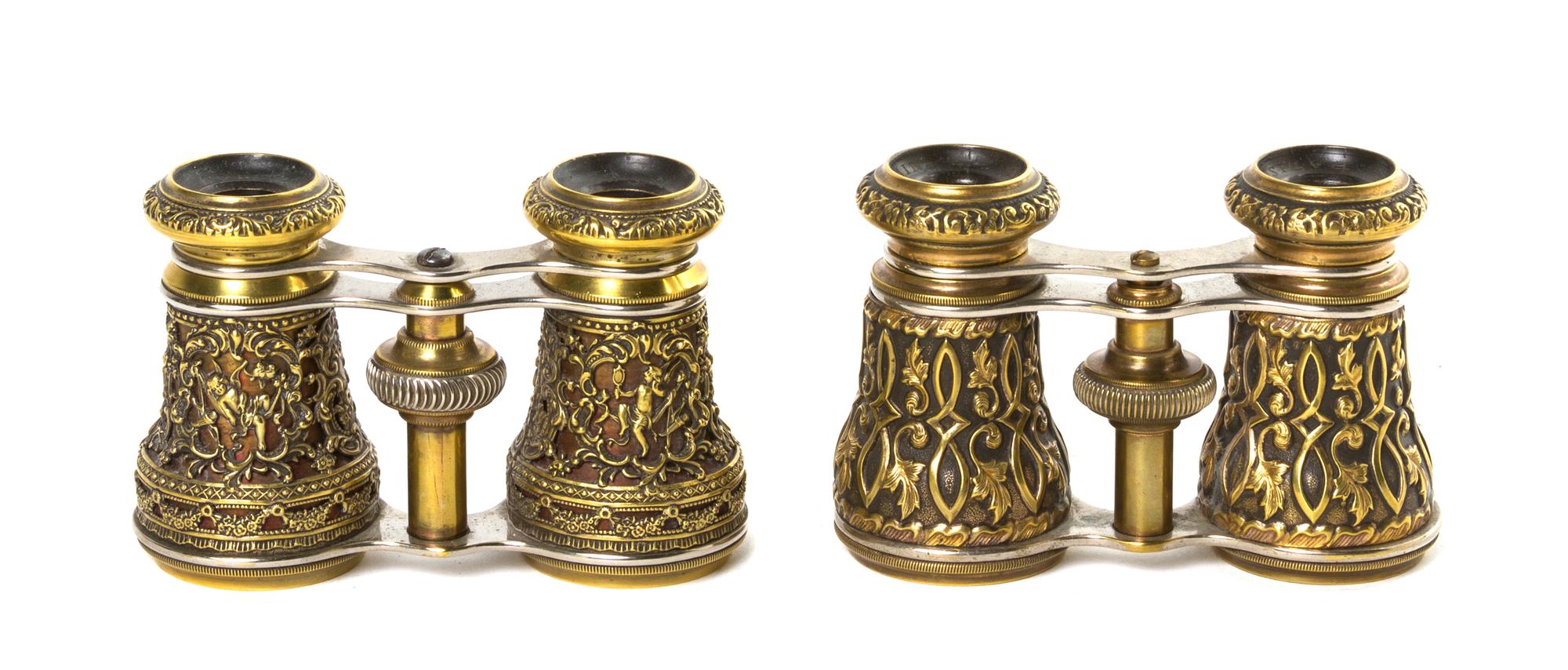 Two Pairs of Continental Opera Glasses, Width of first 4 1/8 inches.