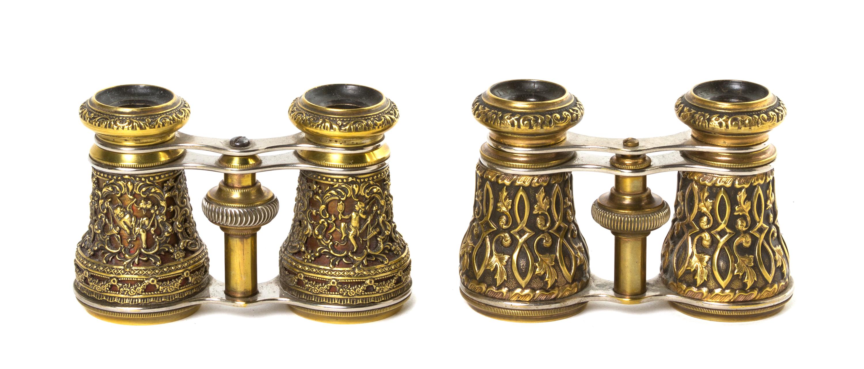 Two Pairs of Continental Opera Glasses, Width of first 4 1/8 inches.