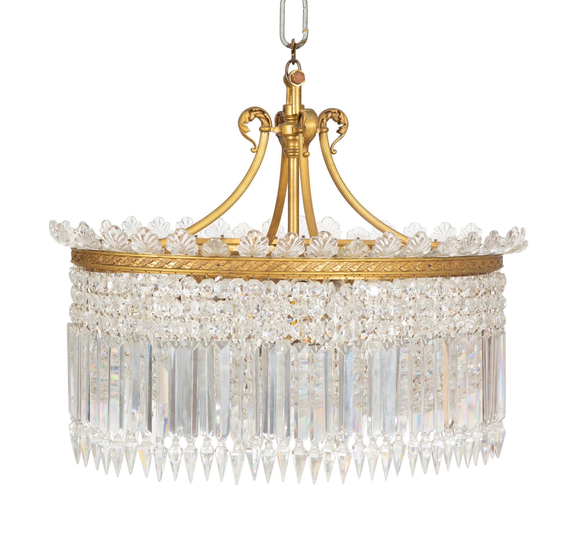 A Scandinavian Style Gilt Bronze and Cut Glass Oval Chandelier — 20th Century