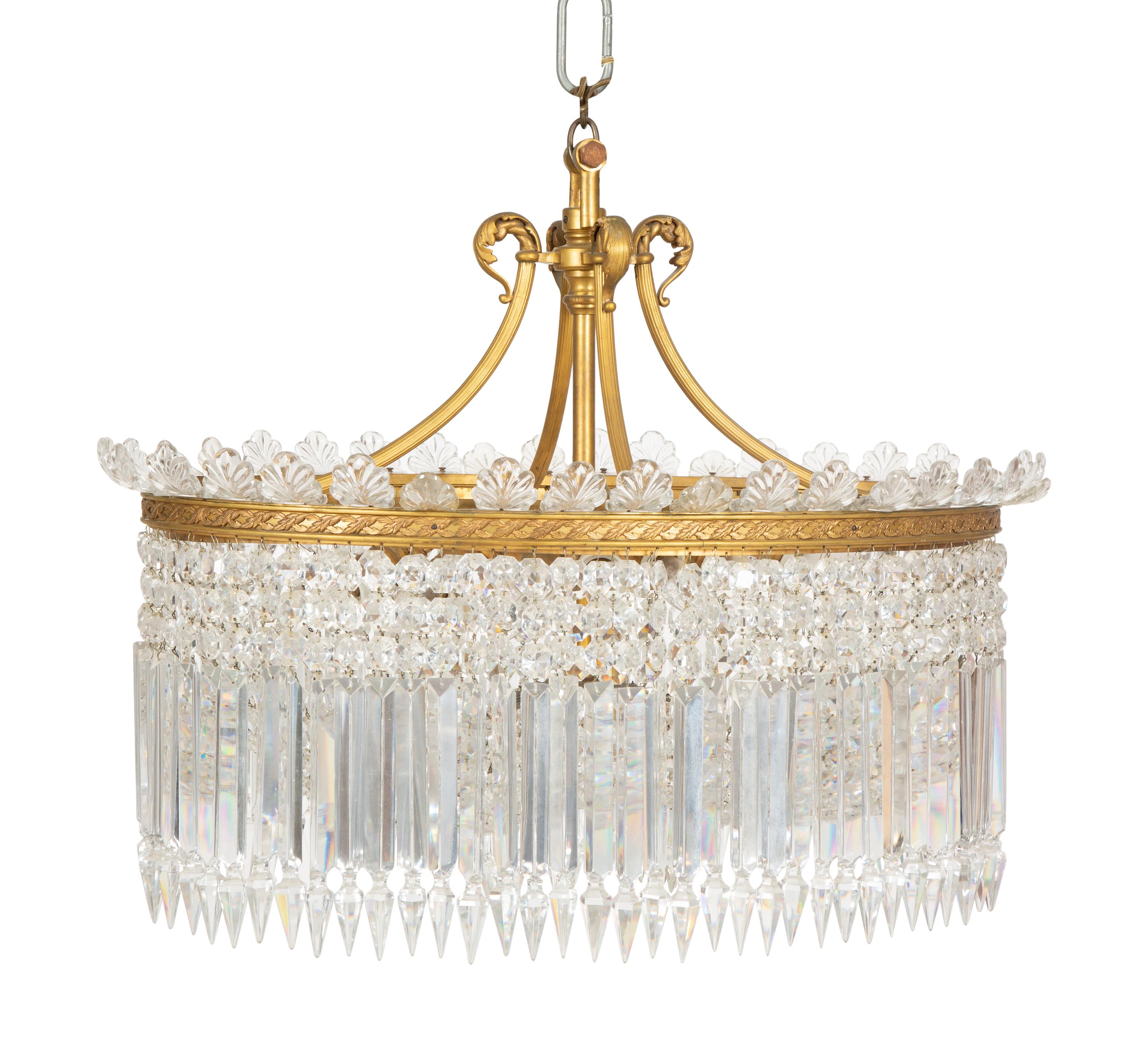 A Scandinavian Style Gilt Bronze and Cut Glass Oval Chandelier — 20th Century