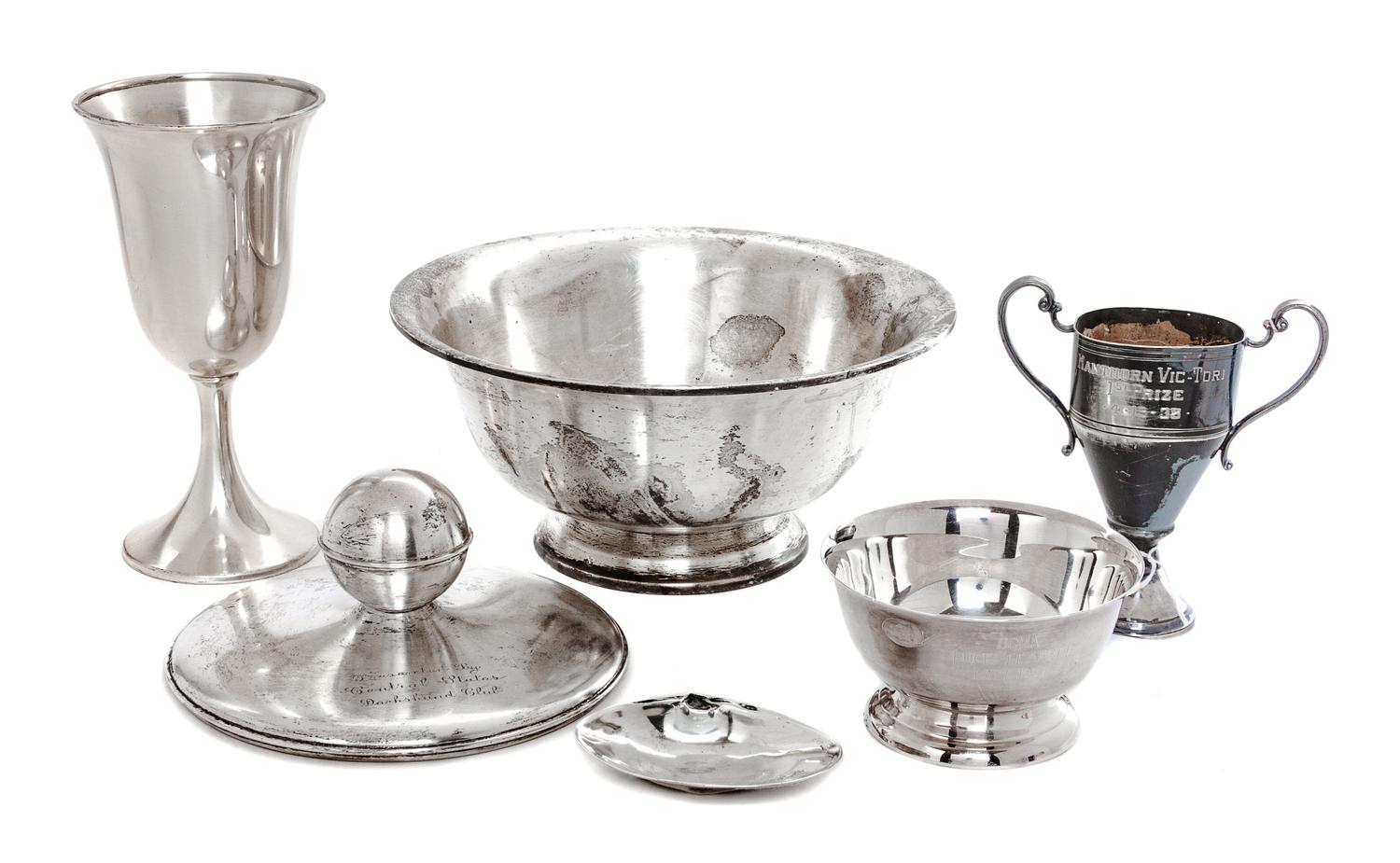 Three American Silver Dachshund Trophies, Preisner Silver Co., Wallingford, CT, together with a weighted silver cup and two other artic