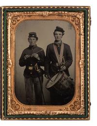 [CIVIL WAR]. Quarter plate tintype of a Civil War drummer and fifer, each wearing a Model 1840 musician's sword.