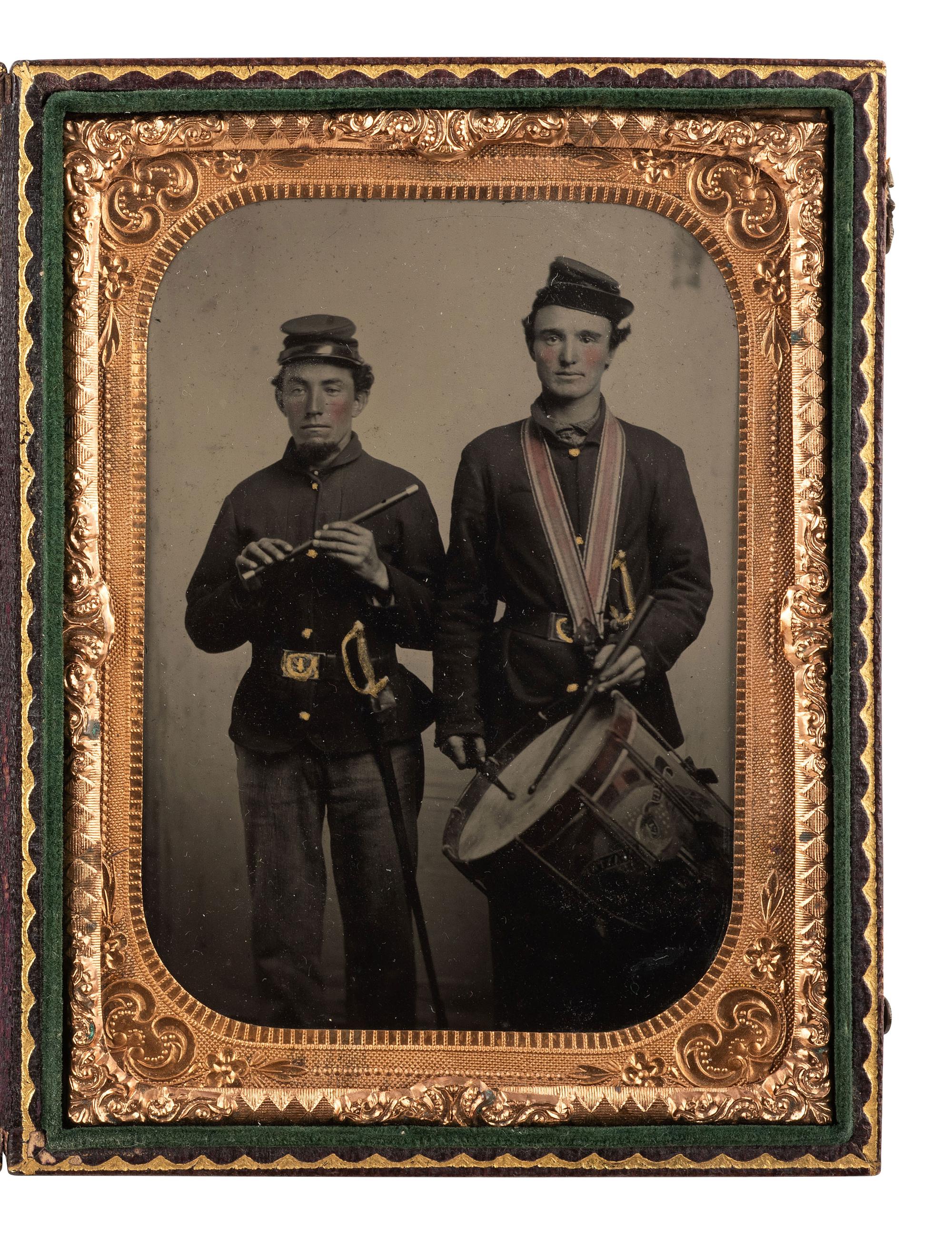 [CIVIL WAR]. Quarter plate tintype of a Civil War drummer and fifer, each wearing a Model 1840 musician's sword.