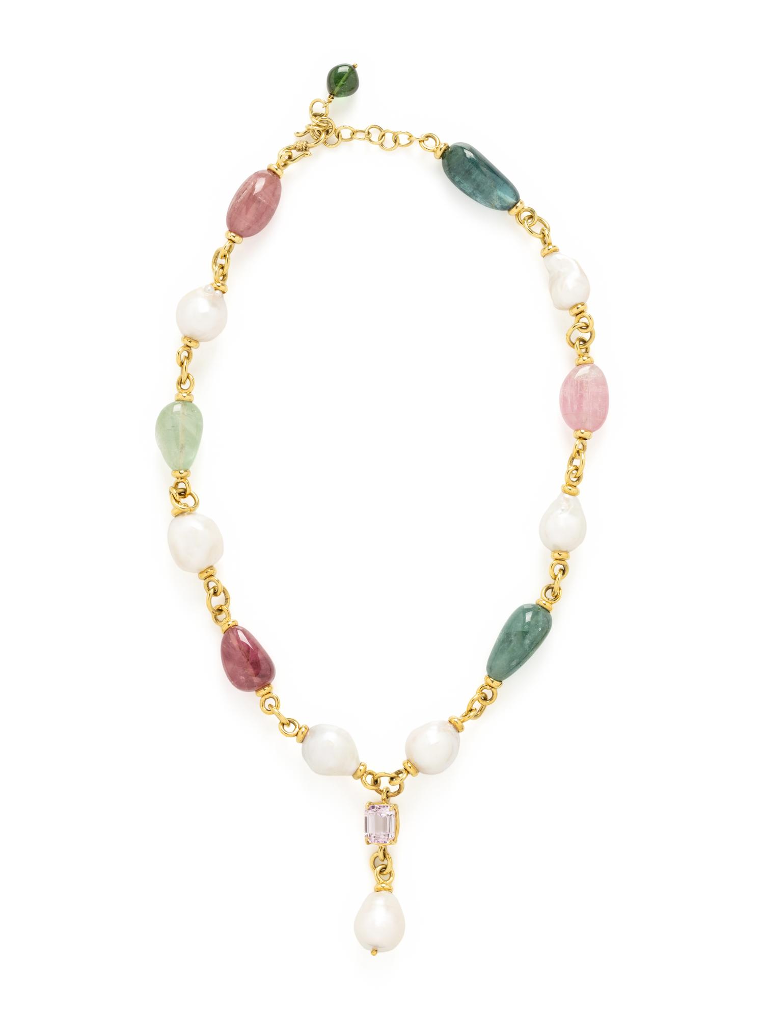 MAZ, YELLOW GOLD, CULTURED BAROQUE PEARL AND MULTIGEM NECKLACE