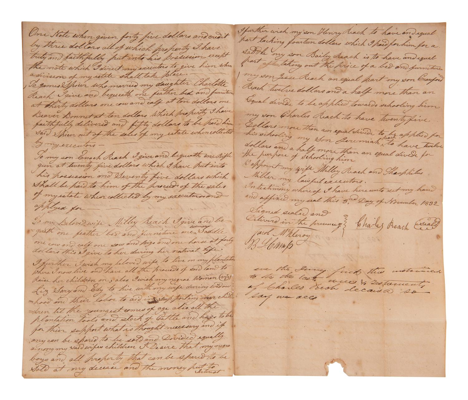 [ENSLAVEMENT]. Manuscript will bequeathing enslaved persons to decedent's wife and children. 1832.