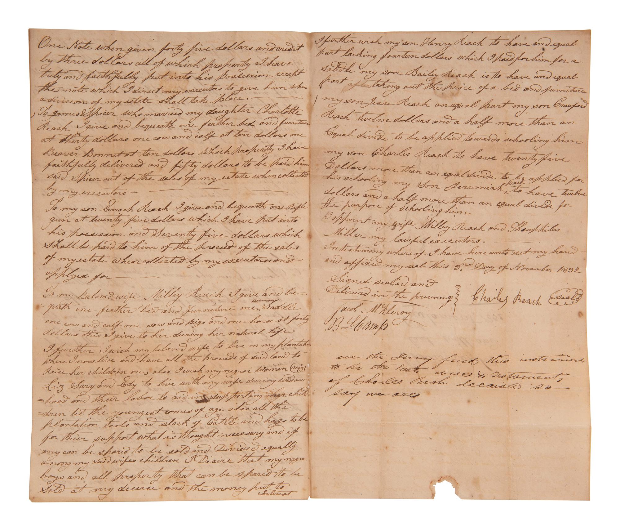 [ENSLAVEMENT]. Manuscript will bequeathing enslaved persons to decedent's wife and children. 1832.