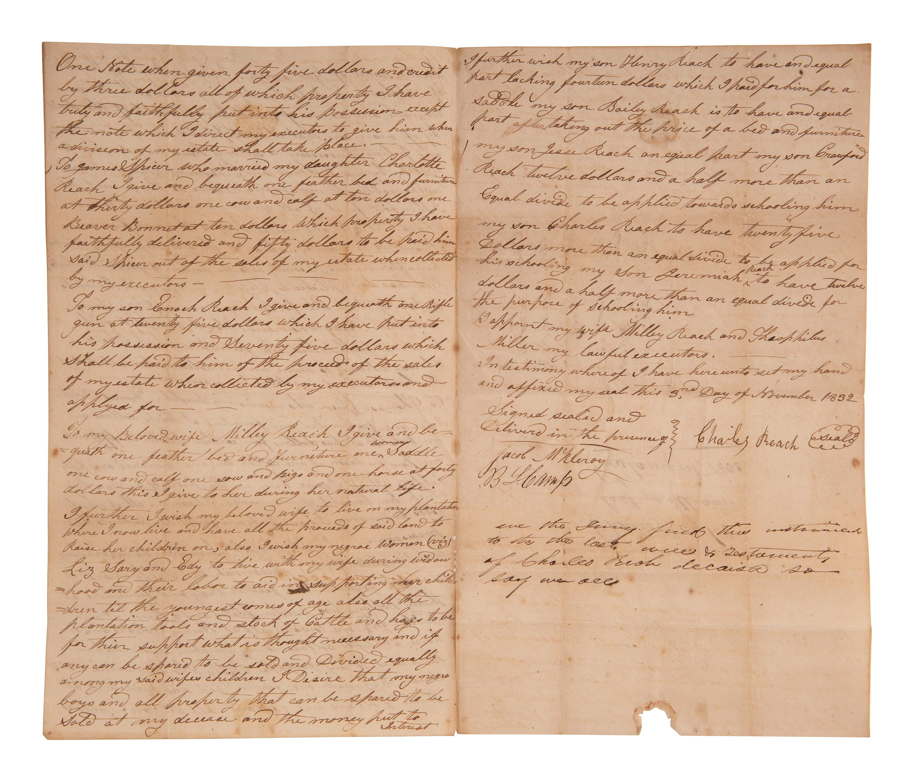 [ENSLAVEMENT]. Manuscript will bequeathing enslaved persons to decedent's wife and children. 1832.