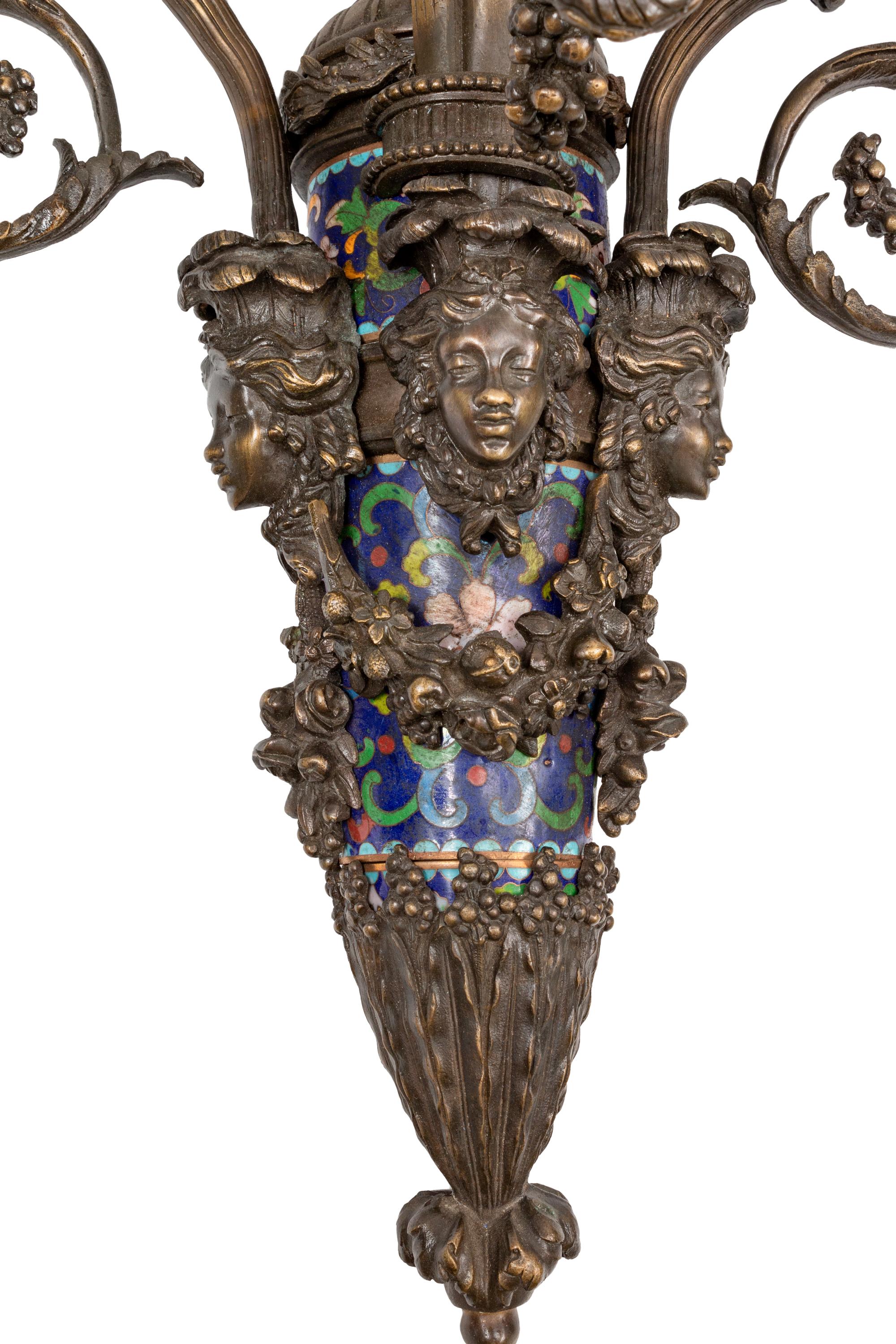 A Pair of Neoclassical Bronze and Cloisonné Five-Light Sconces