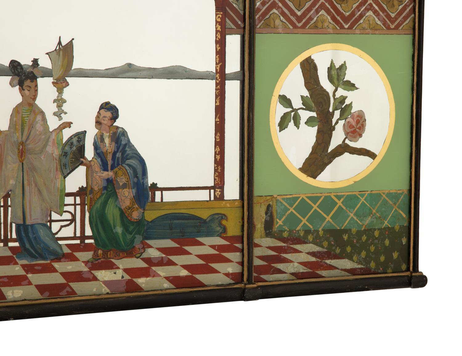 A "Chinese Chippendale" Style Ebonized and Parcel Gilt Reverse-Painted Glass Overmantel Mirror