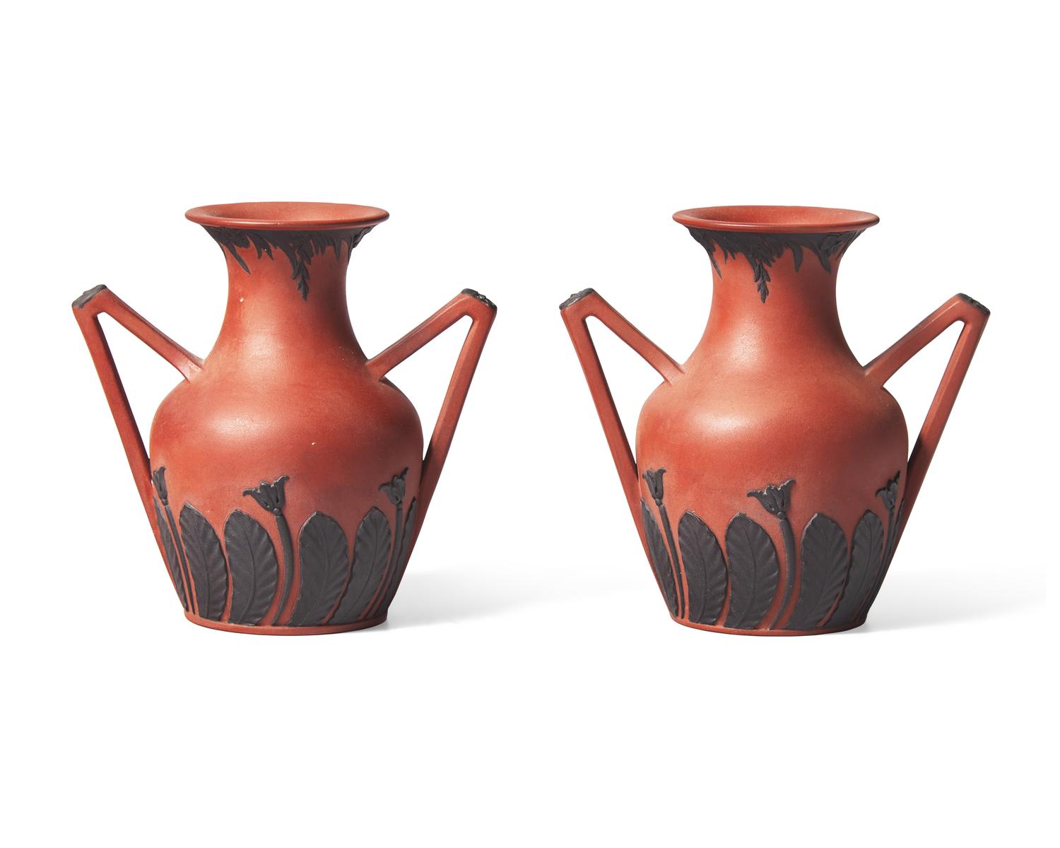 A Pair of Wedgwood Rosso Antico "Bat Wing" Portland Vases