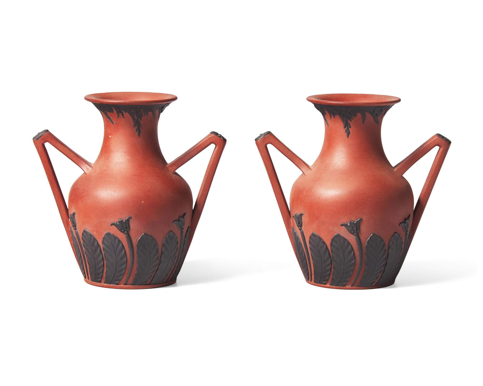 A Pair of Wedgwood Rosso Antico "Bat Wing" Portland Vases