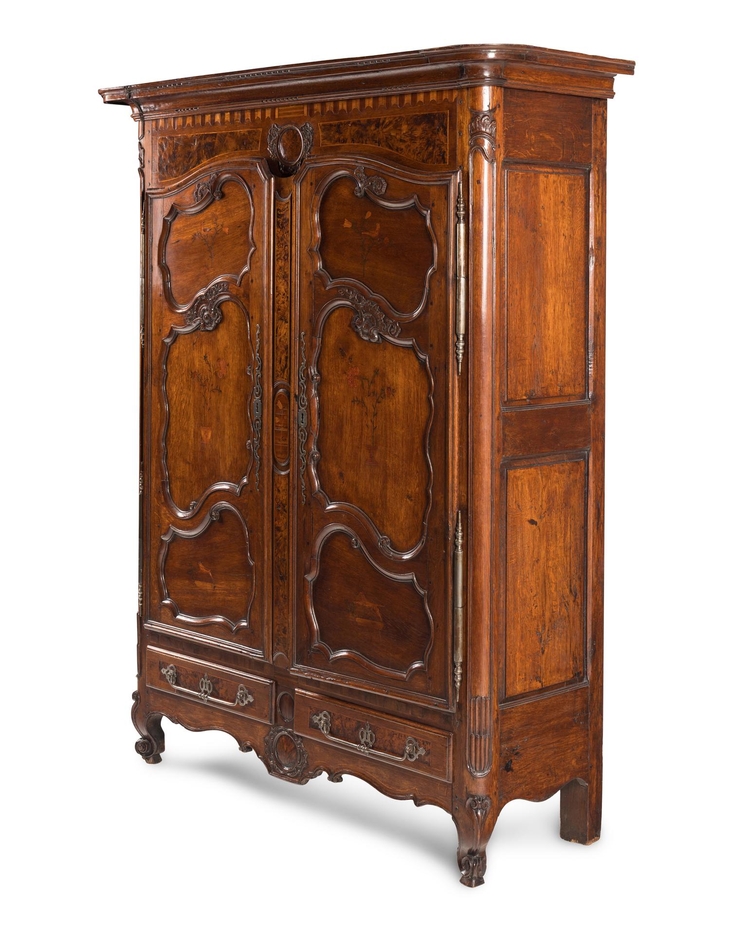 A Louis XV Walnut and Mulberry Marquetry Armoire