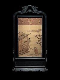 A Chinese Kesi Woven Silk Inset Hardwood Table Screen