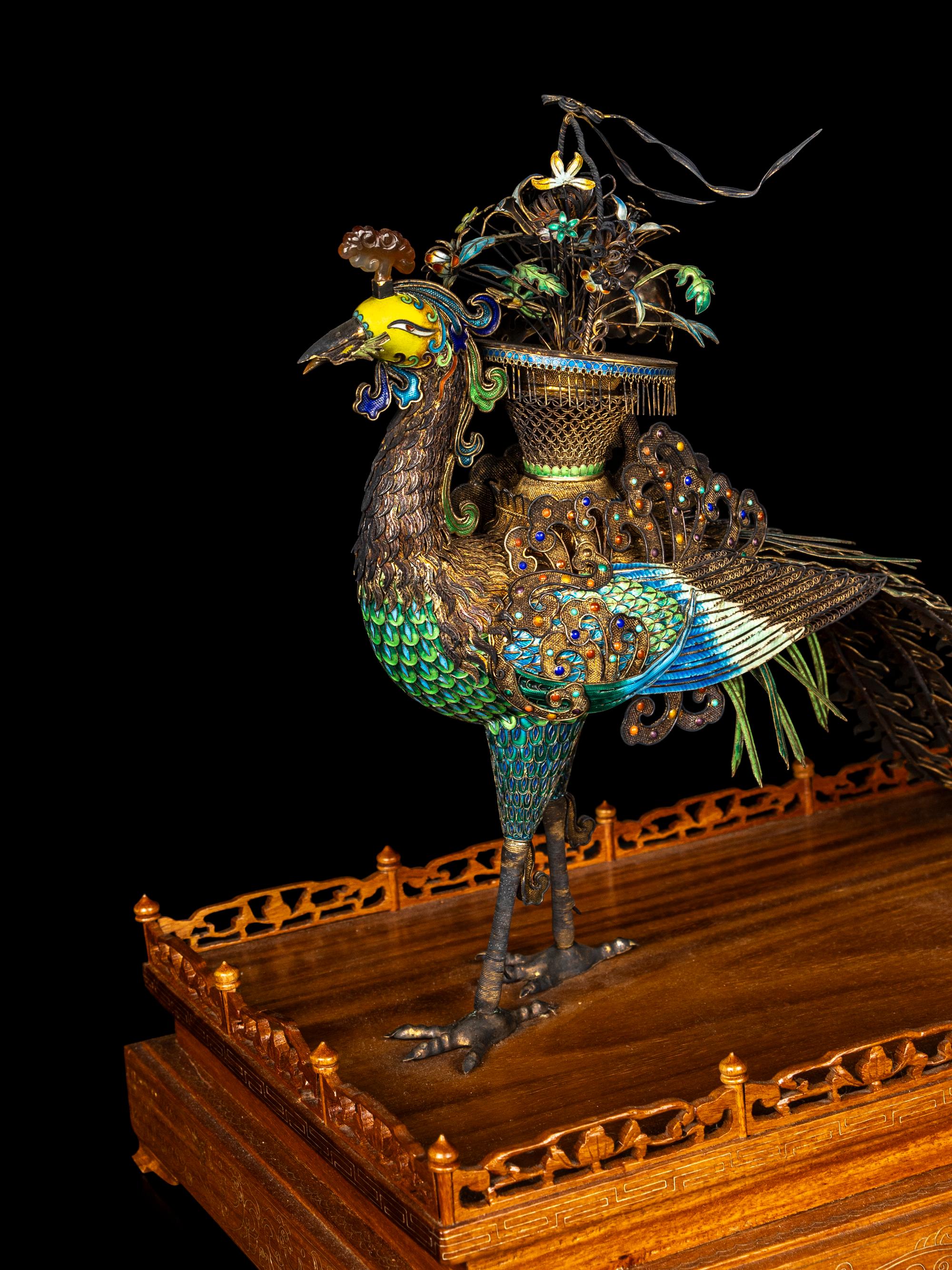 A Pair of Chinese Export Embellished Silver Filigree Figure of Phoenix