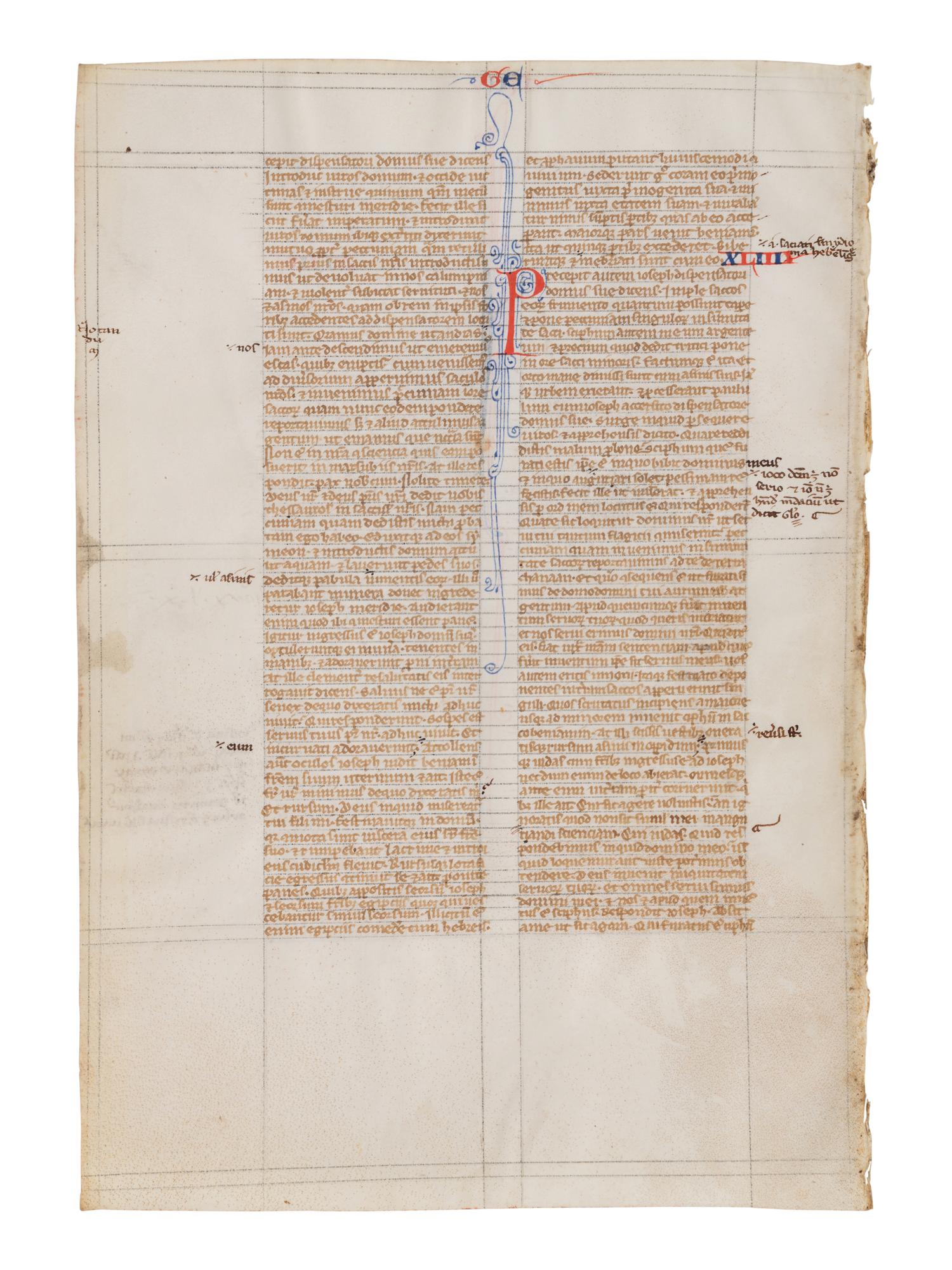 VIE DE SAINT DENIS ATELIER (active Paris, c. 1240-1260) Four leaves from a Bible, including one spectacular historiated initial ‘I’ of the Six Days of Creation and Christ Blessing, one historiated initial ‘D’ of David in Prayer, and one historiated initial D of Solomon with a rod, in Latin, illuminated manuscript on parchment [France, Paris, c. 1240-1260]