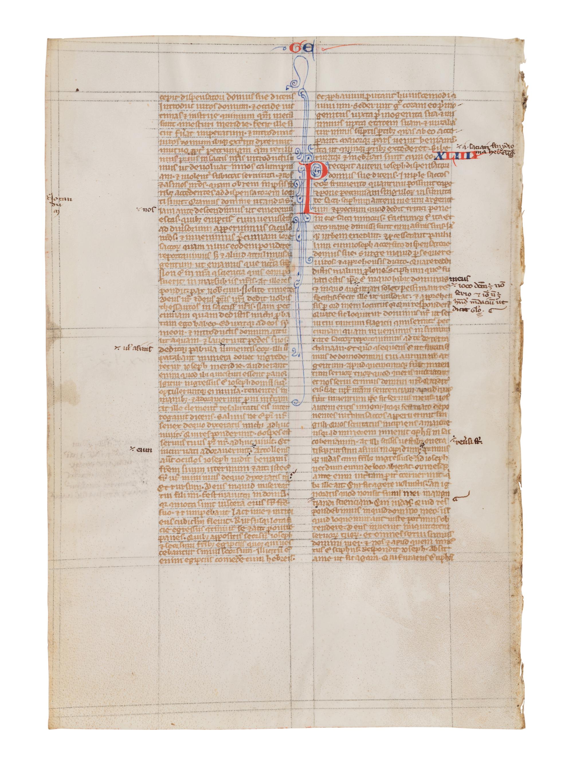 VIE DE SAINT DENIS ATELIER (active Paris, c. 1240-1260) Four leaves from a Bible, including one spectacular historiated initial ‘I’ of the Six Days of Creation and Christ Blessing, one historiated initial ‘D’ of David in Prayer, and one historiated initial D of Solomon with a rod, in Latin, illuminated manuscript on parchment [France, Paris, c. 1240-1260]