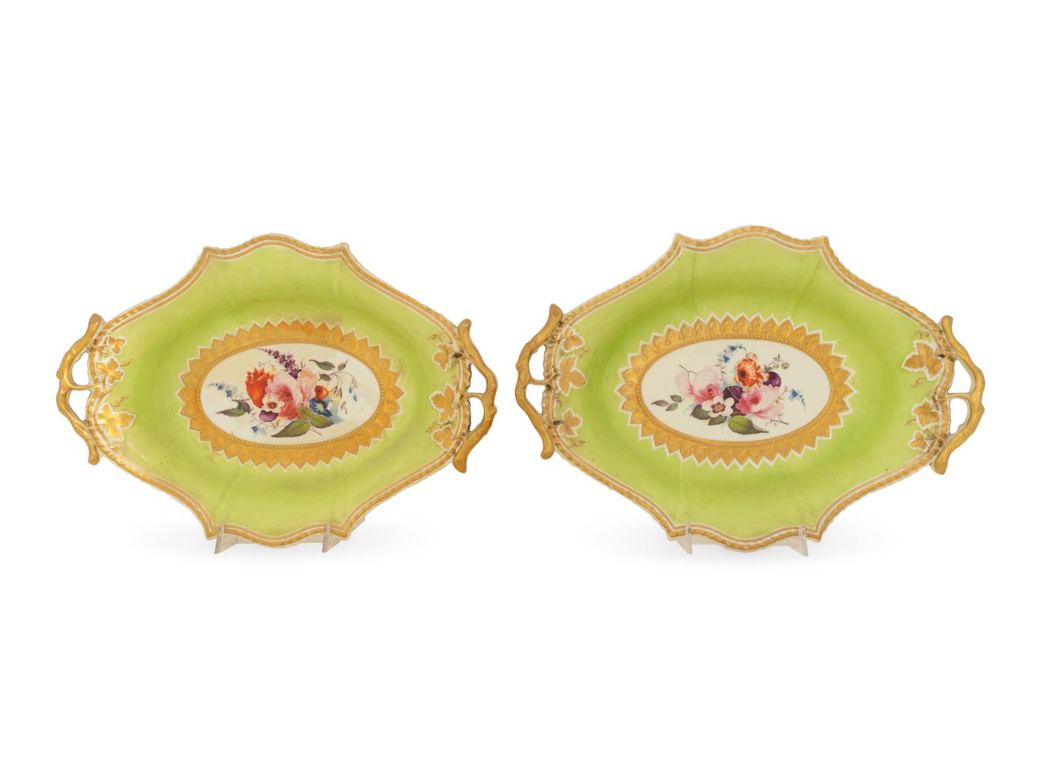 A Pair of English Porcelain Parcel Gilt Lozenge-Shaped Dishes