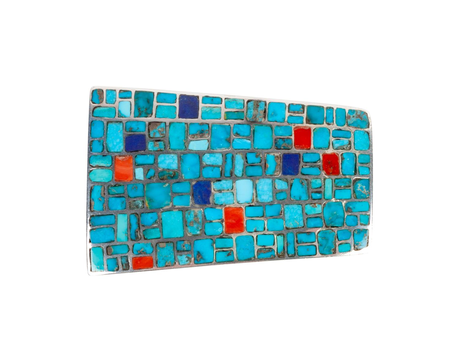 Sterling Silver Tufa Cast Belt Buckle, with Turquoise, Coral, and Lapis Channel Inlay