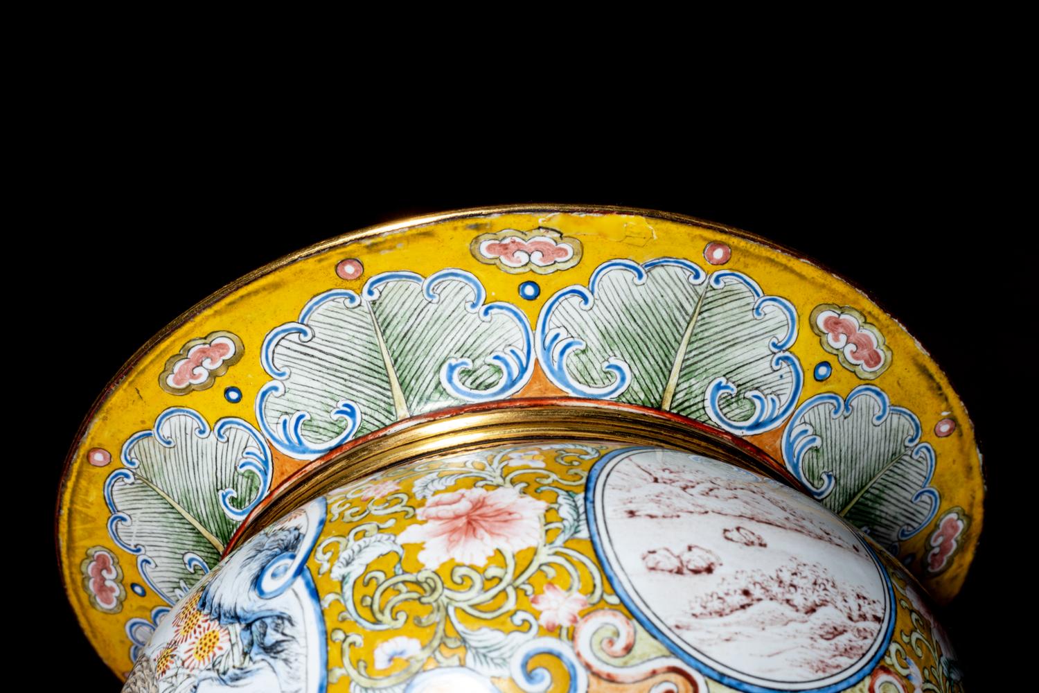 A Canton Enamel on Copper 'Quails' Spittoon