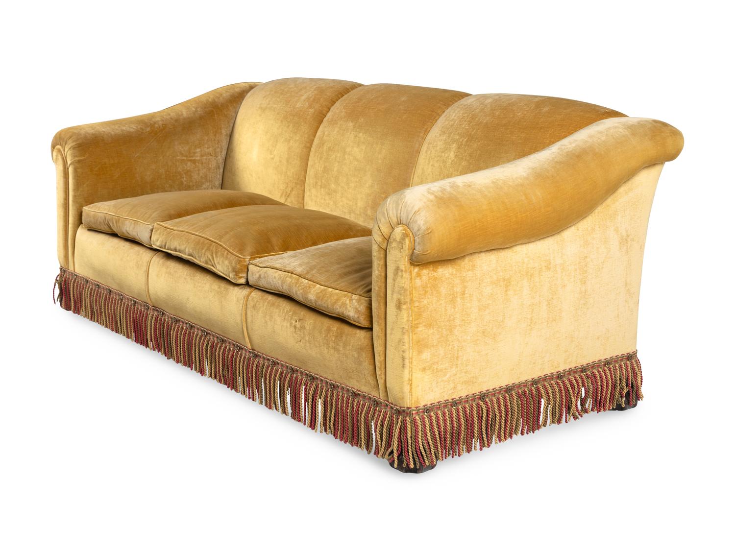 A Pair of Velvet-Upholstered Three-Cushion Sofas