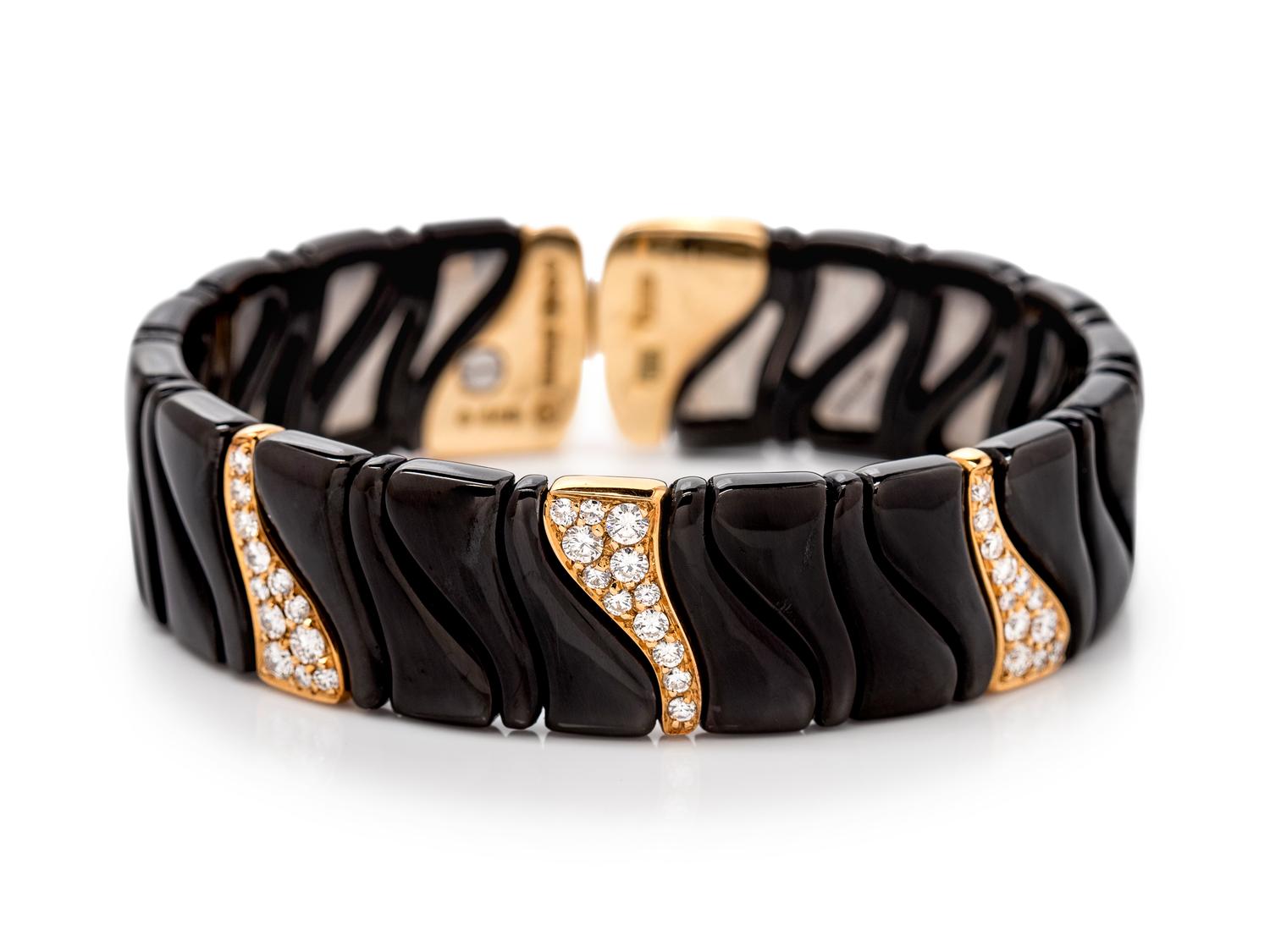 An 18 Karat Yellow Gold, Diamond and Blackened Stainless Steel Cuff Bracelet, Marina B., Circa 1987,