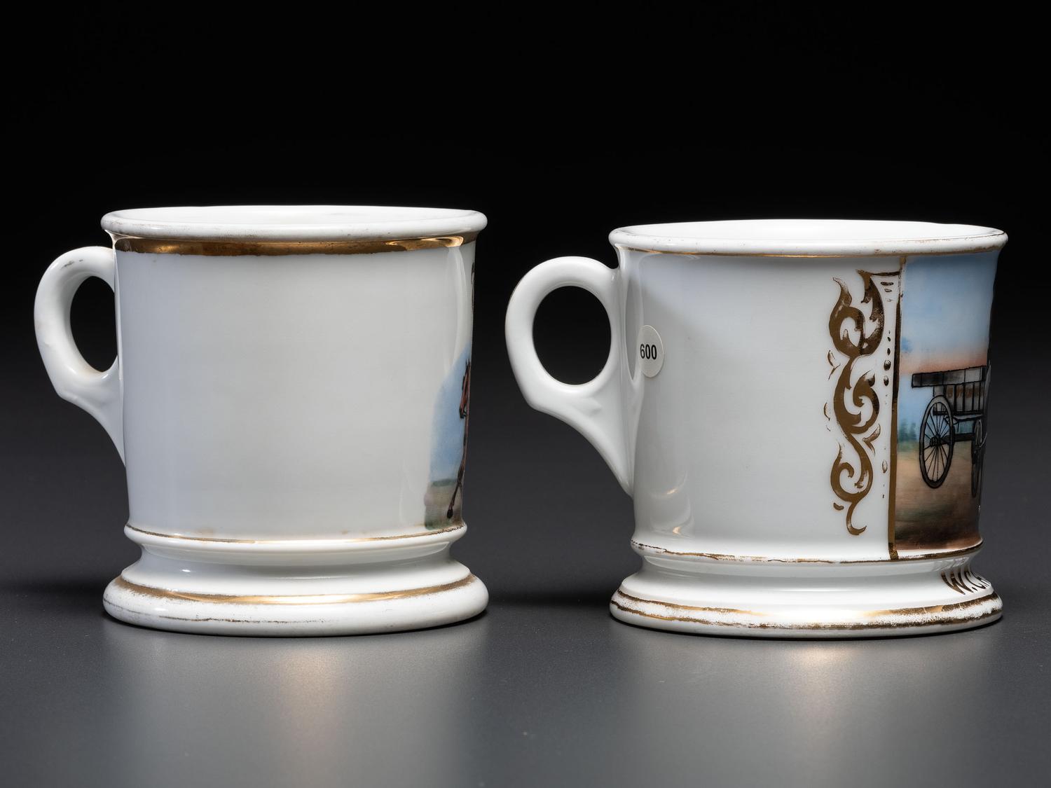 Two Porcelain Occupational Shaving Mugs with Horse-Drawn Wagons