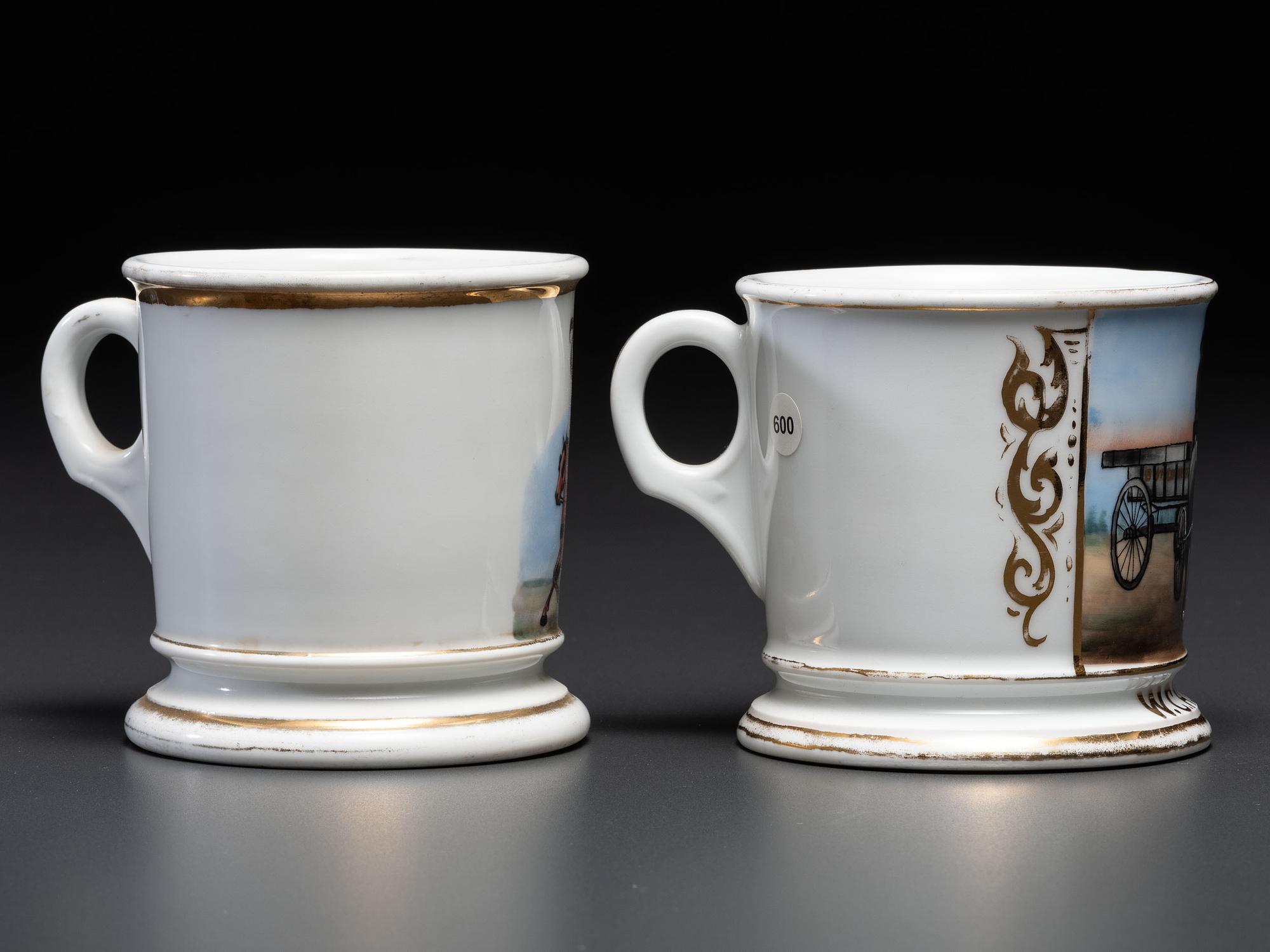 Two Porcelain Occupational Shaving Mugs with Horse-Drawn Wagons