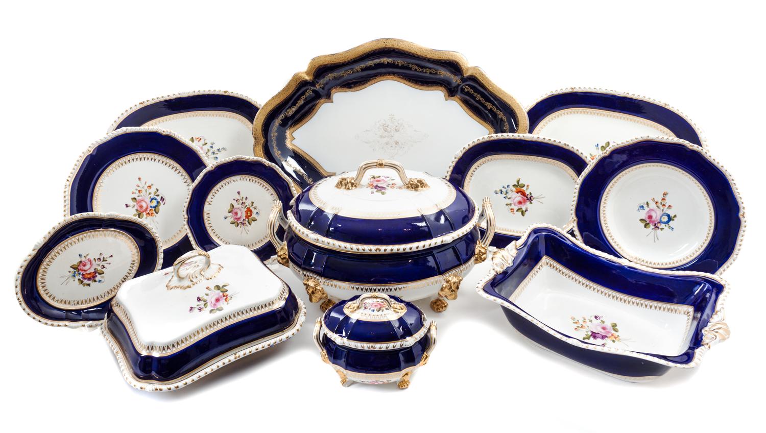 A Crown Derby Porcelain Partial Dinner Service Diameter of dinner plate 10 inches. — 19TH CENTURY